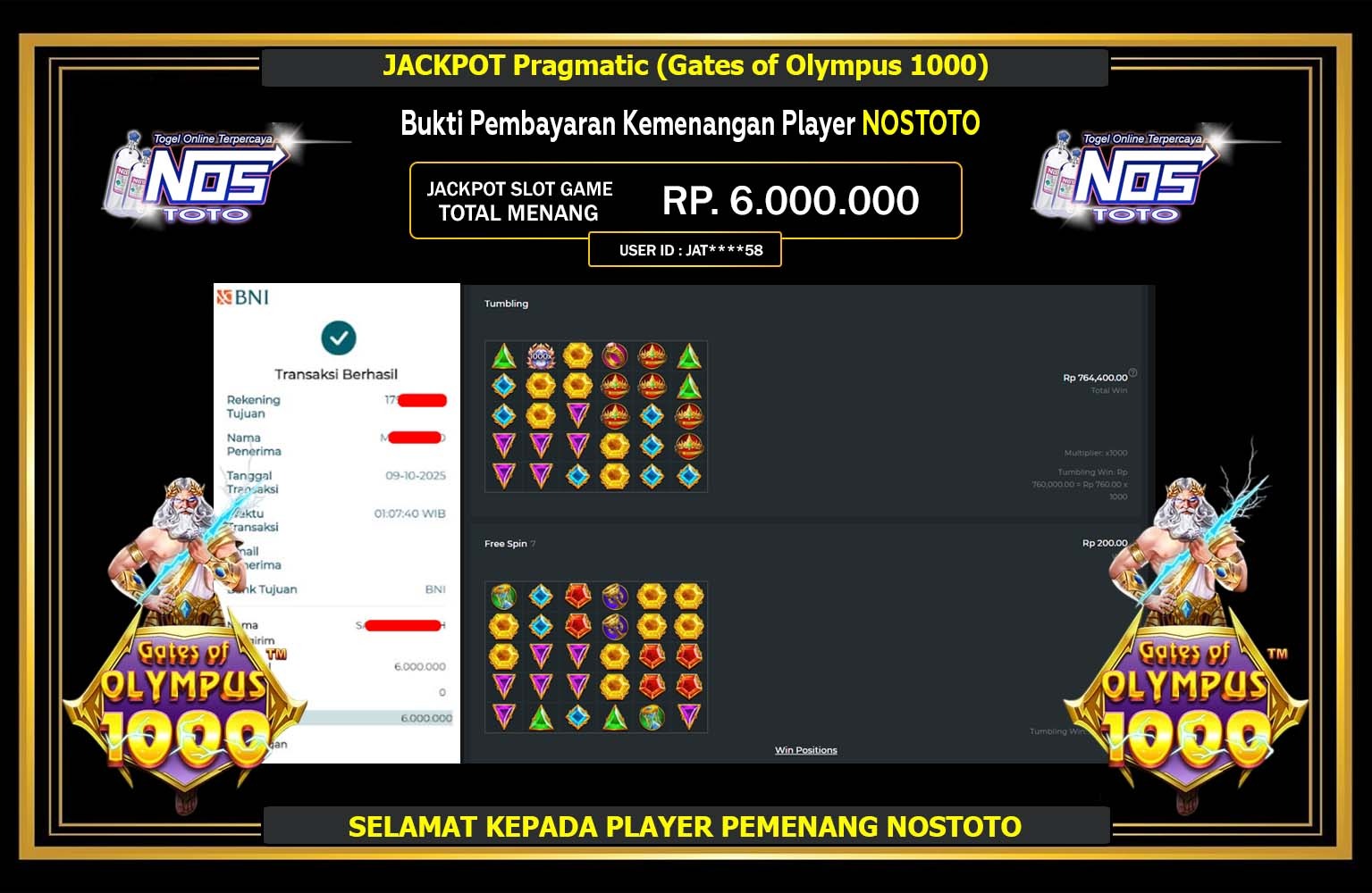 NOSTOTO JACKPOT Pragmatic (Gates of Olympus 1000) Rp.6.000.000,- LUNAS