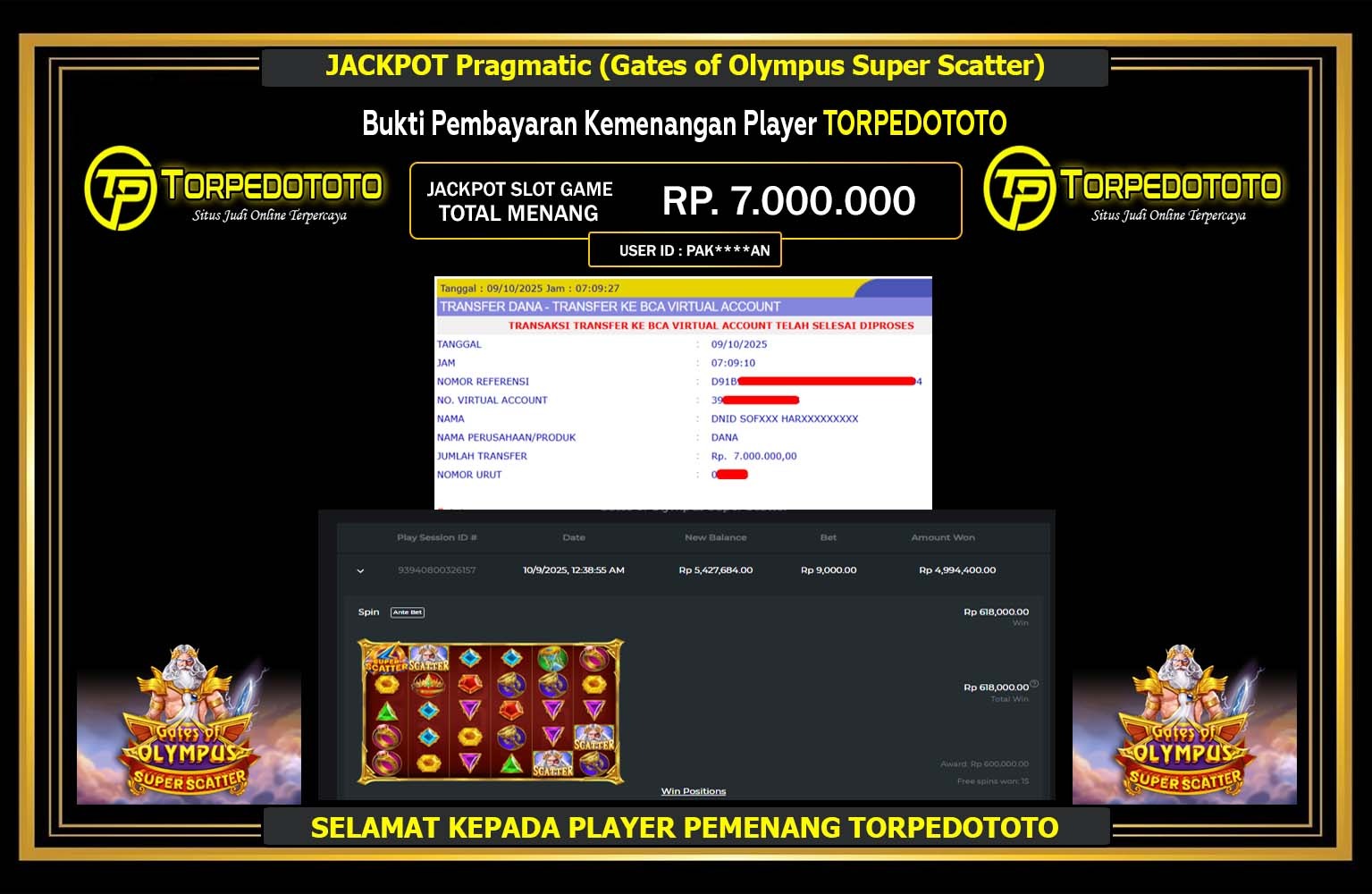 TORPEDOTOTO JACKPOT Pragmatic (Gates of Olympus Super Scatter) Rp.7.000.000,- LUNAS