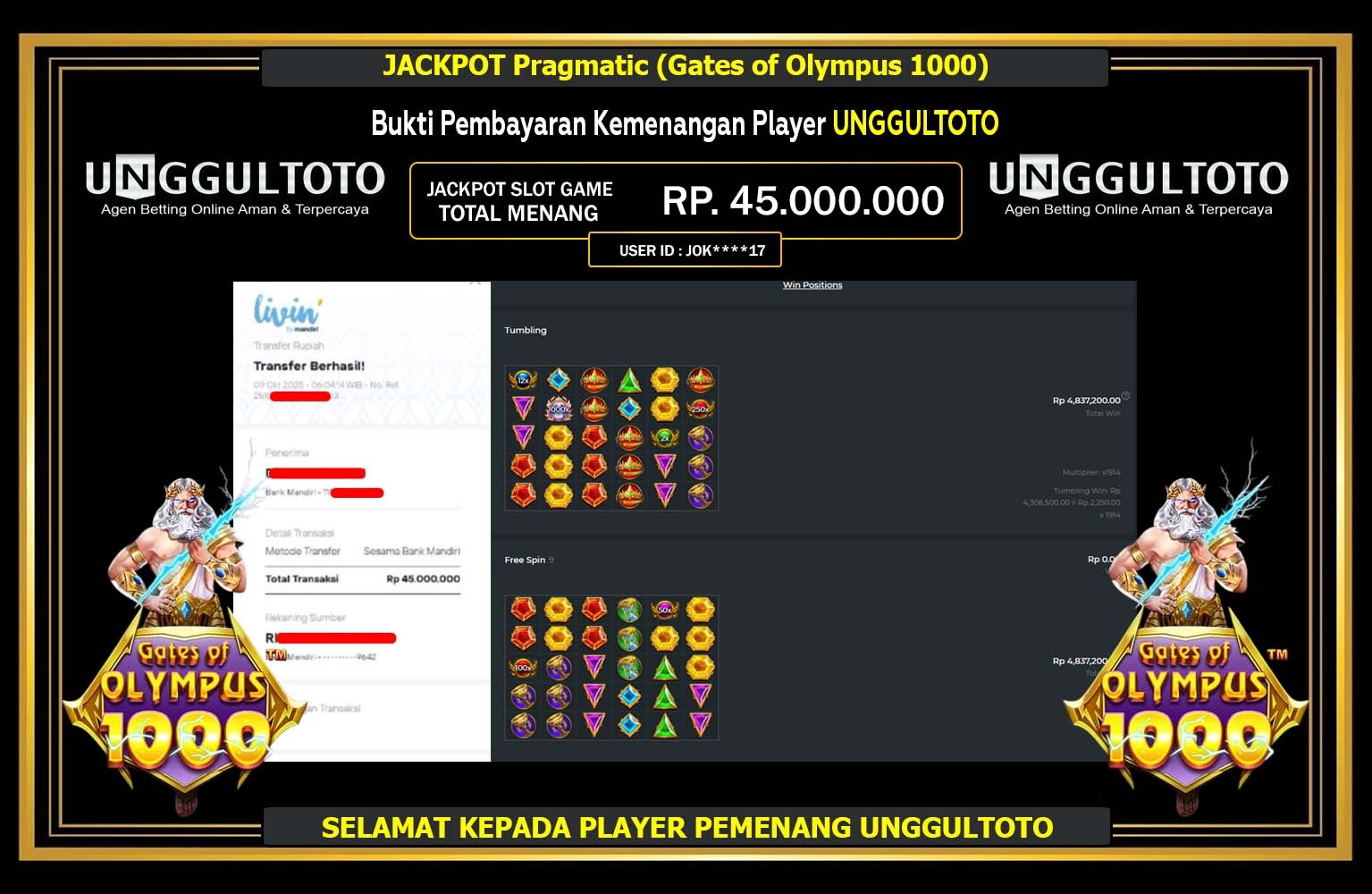 UNGGULTOTO JACKPOT Pragmatic (Gates of Olympus 1000) Rp.45.000.000,- LUNAS