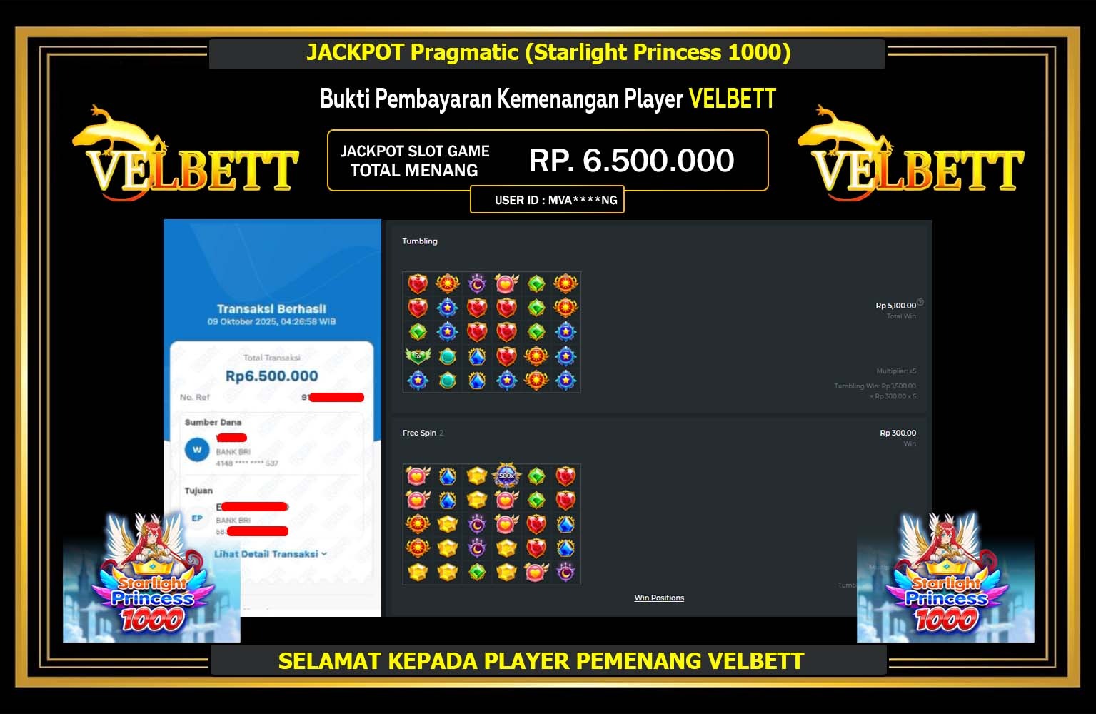 VELBETT JACKPOT Pragmatic (Starlight Princess 1000) Rp.6.500.000,- LUNAS