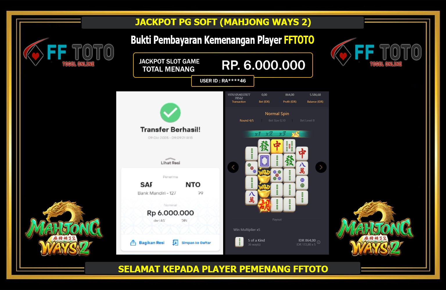 FFTOTO JACKPOT PG SOFT (MAHJONG WAYS 2) Rp.6.000.000,- LUNAS