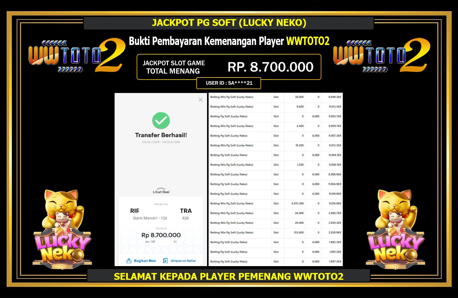 WWTOTO2 JACKPOT PG SOFT (LUCKY NEKO) Rp.8.700.000,- LUNAS
