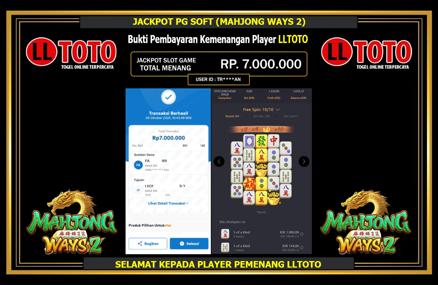 LLTOTO JACKPOT PG SOFT (MAHJONG WAYS 2) Rp.7.000.000,- LUNAS