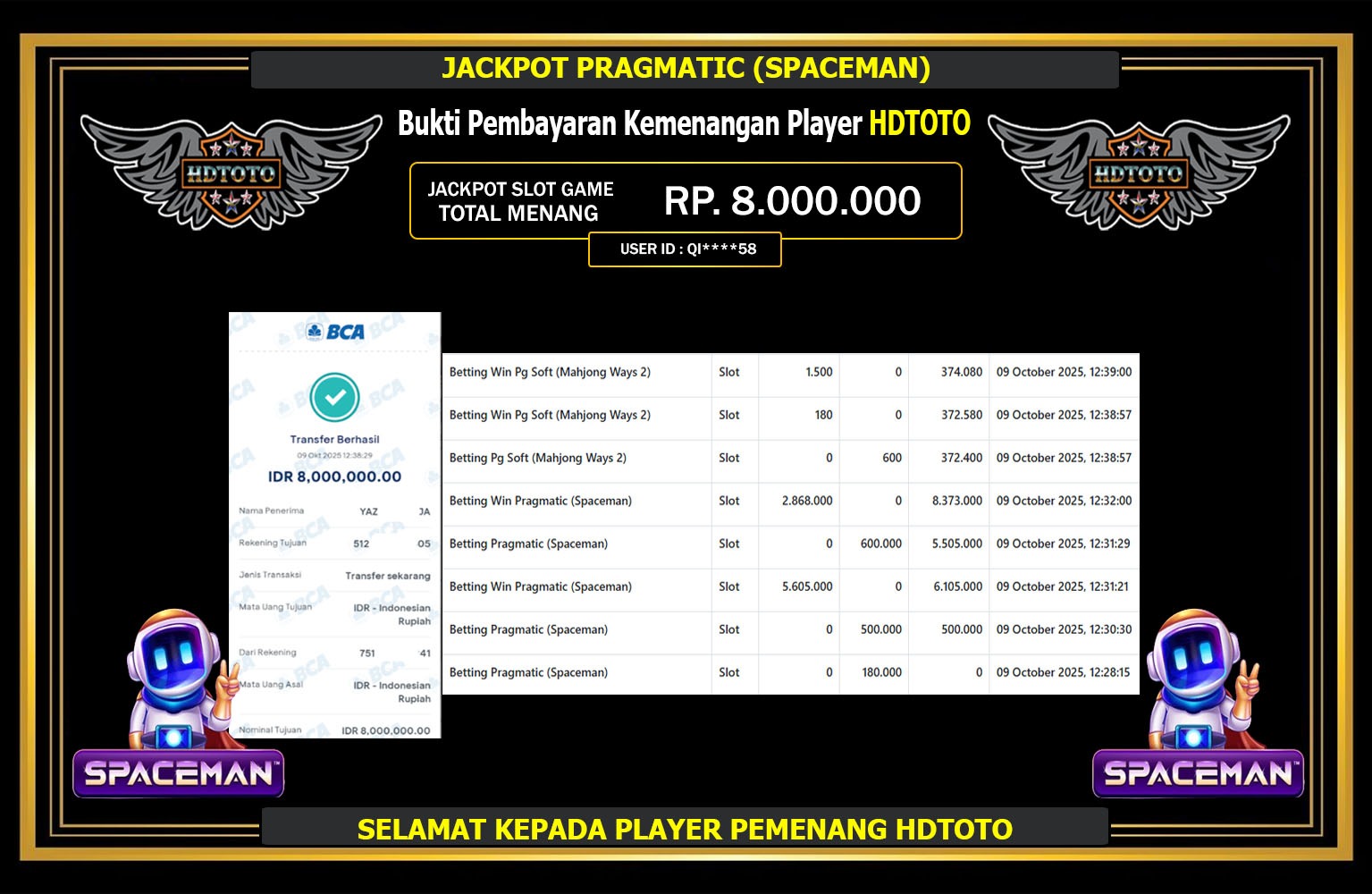 HDTOTO JACKPOT PRAGMATIC (SPACEMAN) Rp.8.000.000,- LUNAS