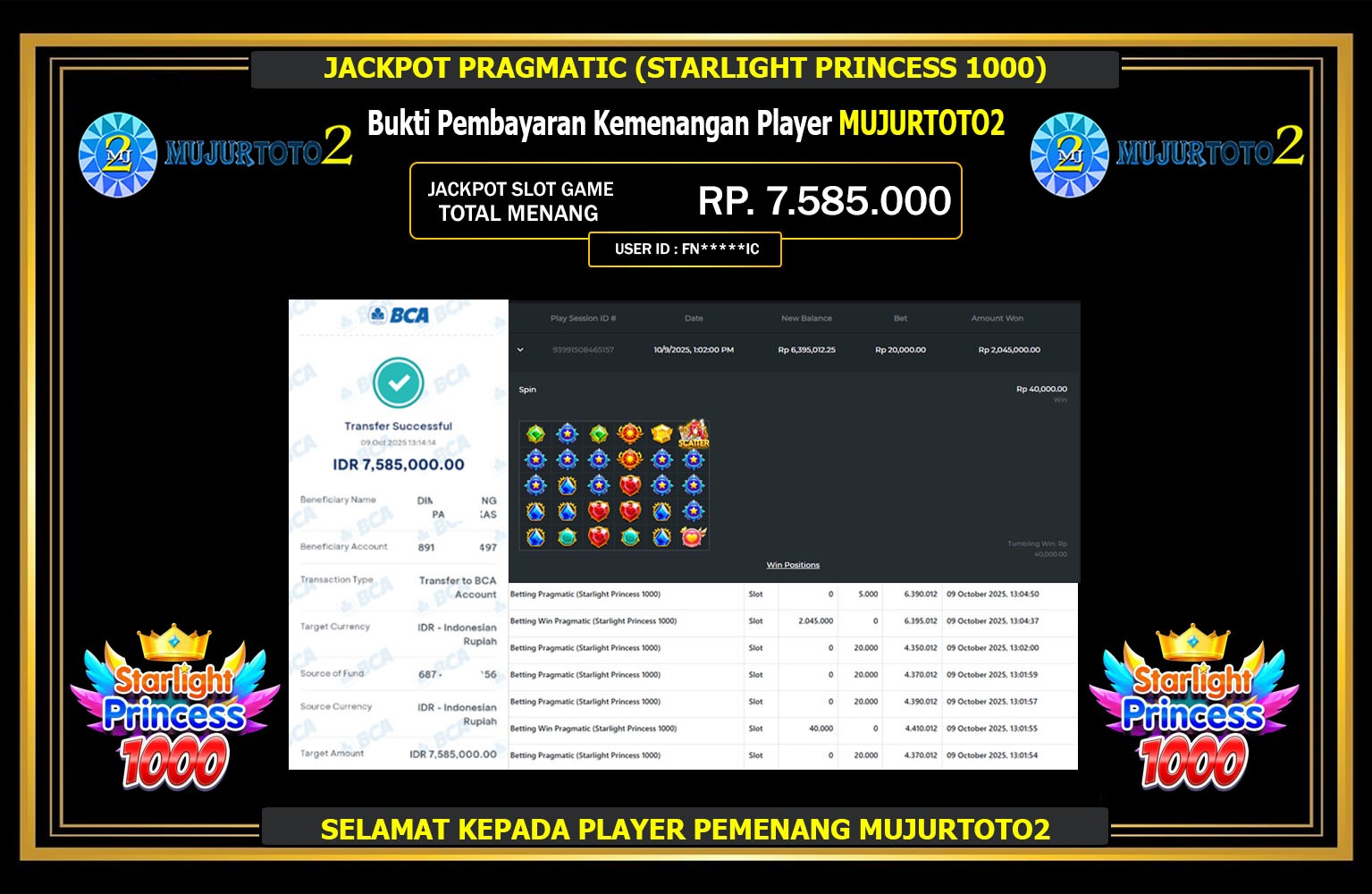 MUJURTOTO2 JACKPOT PRAGMATIC (STARLIGHT PRINCESS 1000) Rp.7.585.000,- LUNAS