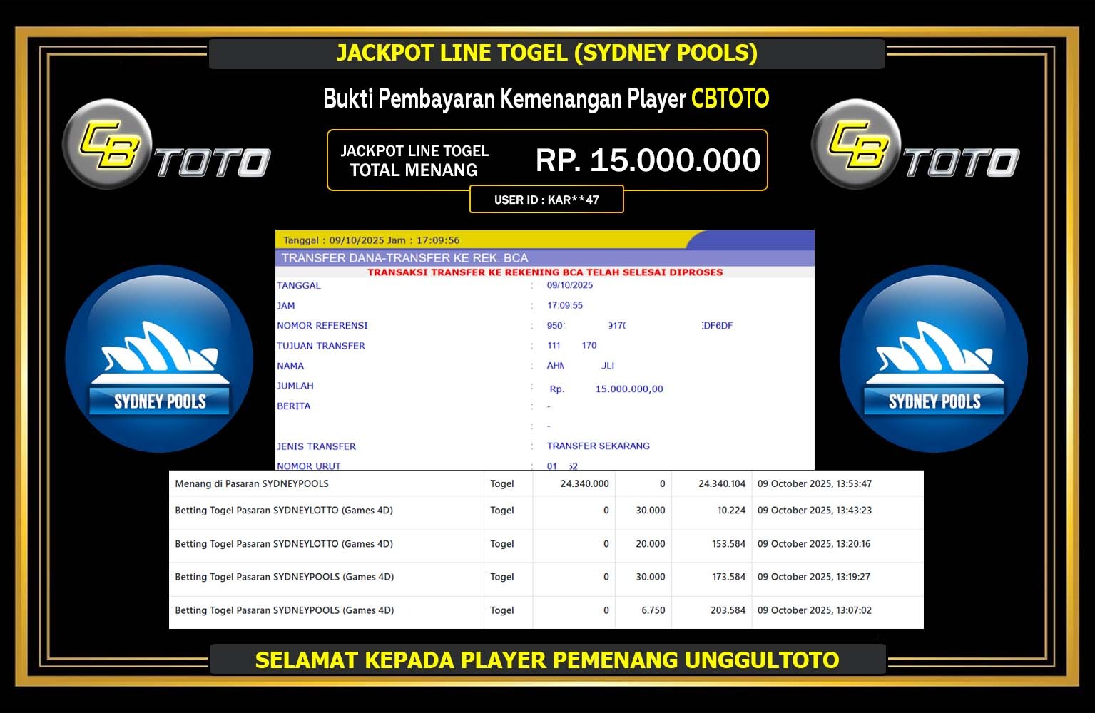 CBTOTO JACKPOT LINE TOGEL (SYDNEY POOLS) Rp.15.000.000,- LUNAS