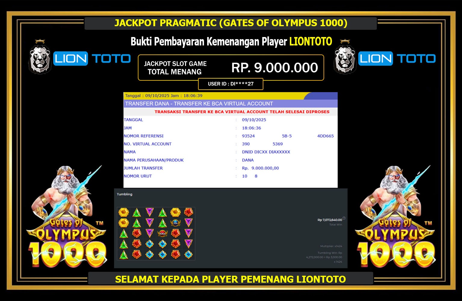 LIONTOTO JACKPOT PRAGMATIC (GATES OF OLYMPUS 1000) Rp.9.000.000,- LUNAS