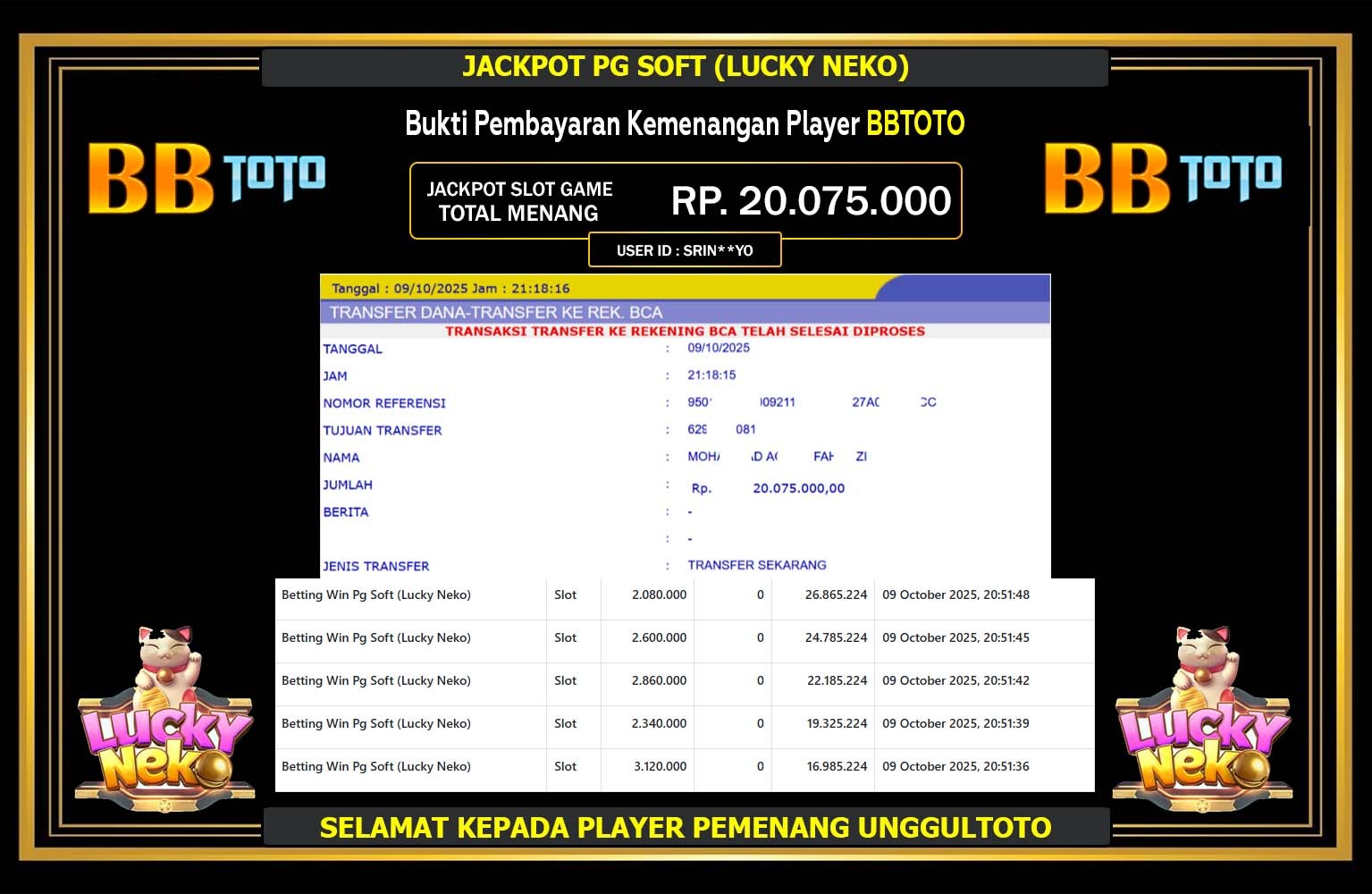 BBTOTO JACKPOT PG SOFT (LUCKY NEKO) Rp.20.075.000,- LUNAS
