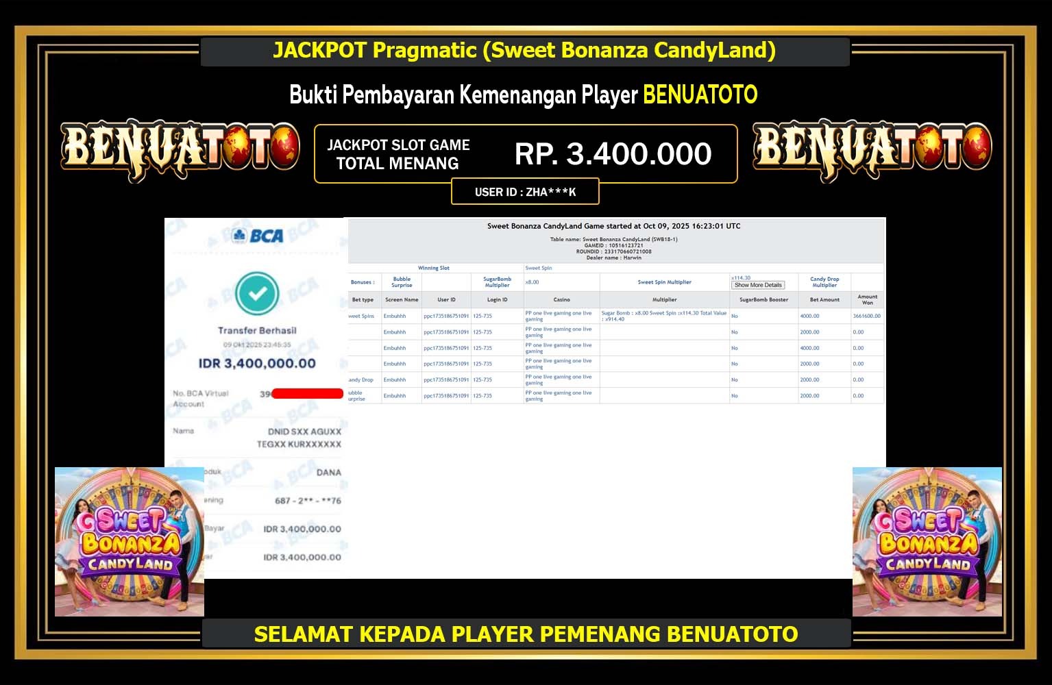 BENUATOTO JACKPOT PRAGMATIC (SWEET BONANZA CANDYLAND) Rp.3.400.000,- LUNAS