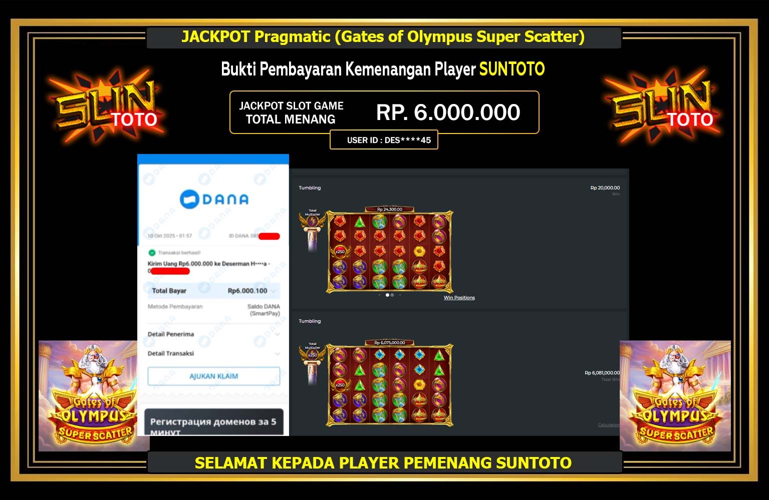 SUNTOTO JACKPOT PRAGMATIC (GATES OF OLYMPUS SUPER SCATTER) Rp.6.000.000,- LUNAS