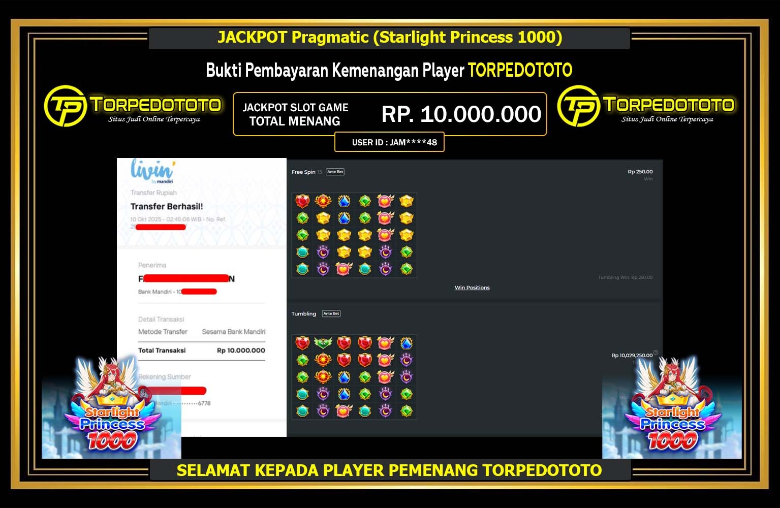TORPEDOTOTO JACKPOT PRAGMATIC (STARLIGHT PRINCESS 1000) Rp.10.000.000,- LUNAS
