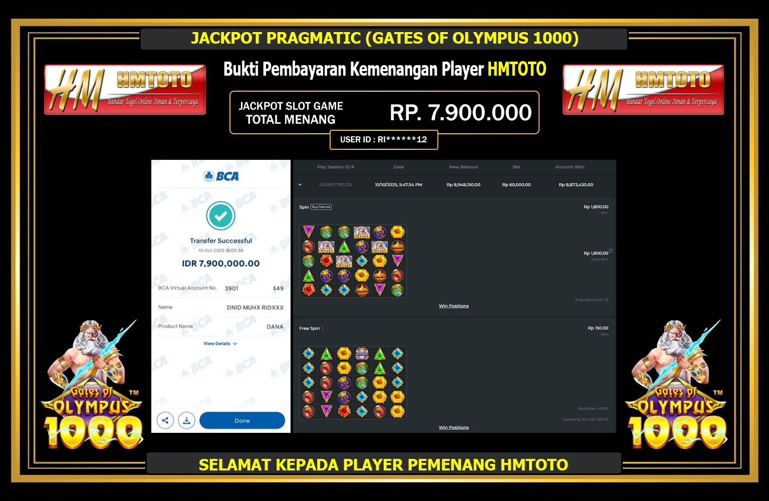 HMTOTO JACKPOT PRAGMATIC (GATES OF OLYMPUS 1000) Rp.7.900.000,- LUNAS