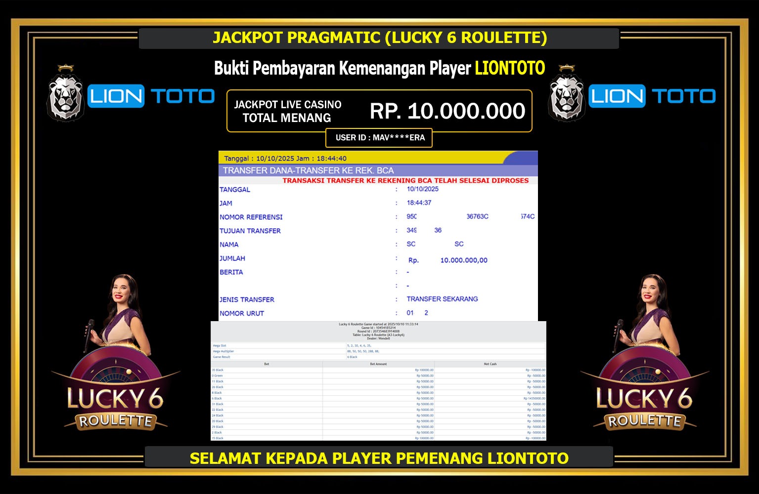 LIONTOTO JACKPOT PRAGMATIC (LUCKY 6 ROULETTE) Rp.10.000.000,- LUNAS