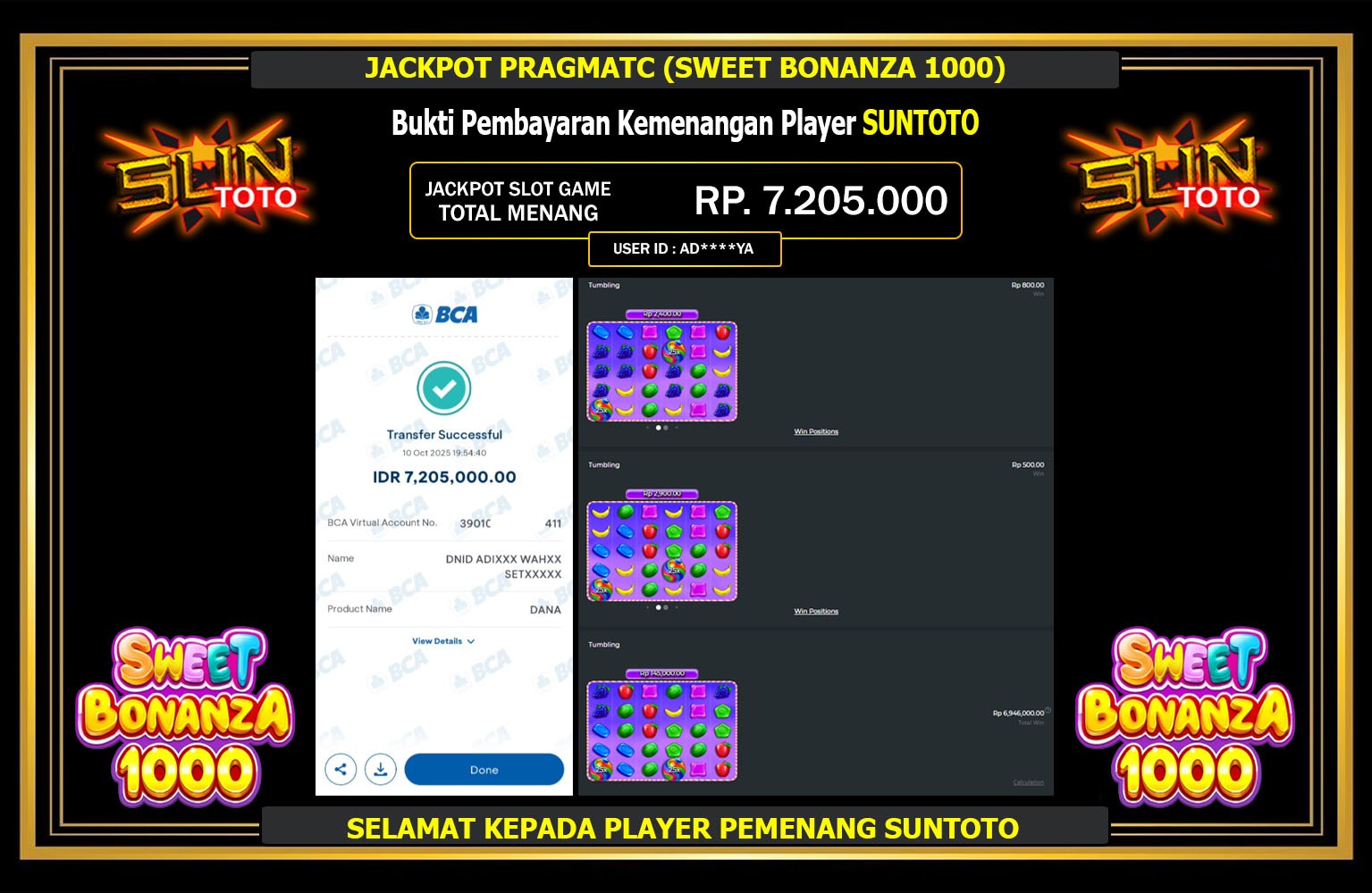 SUNTOTO JACKPOT PRAGMATIC (SWET BONANZA 1000) Rp.7.205.000,- LUNAS