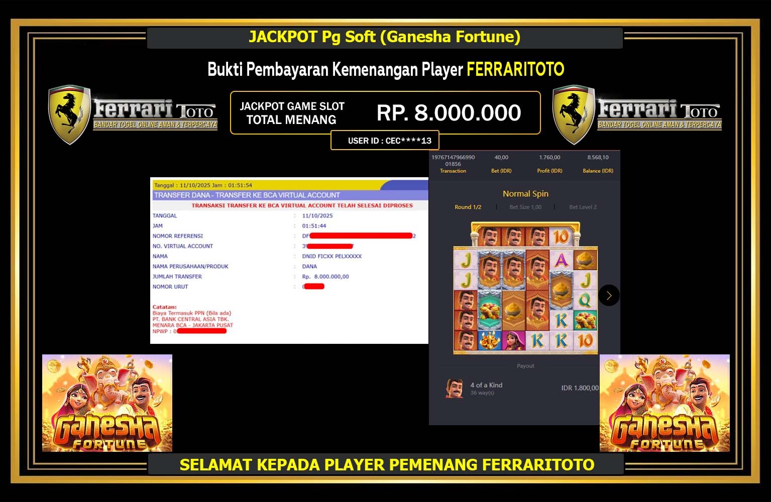 FERRARITOTO JACKPOT PG SOFT (GANESHA FORTUNE) Rp.8.000.000,- LUNAS