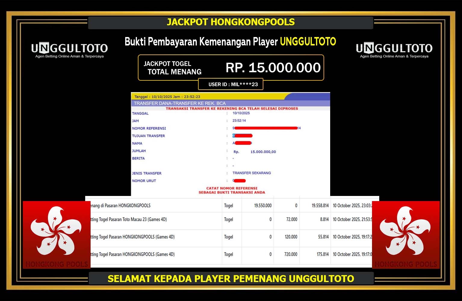 UNGGULTOTO JACKPOT LINE TOGEL (HONGKONG POOLS) Rp.15.000.000,- LUNAS
