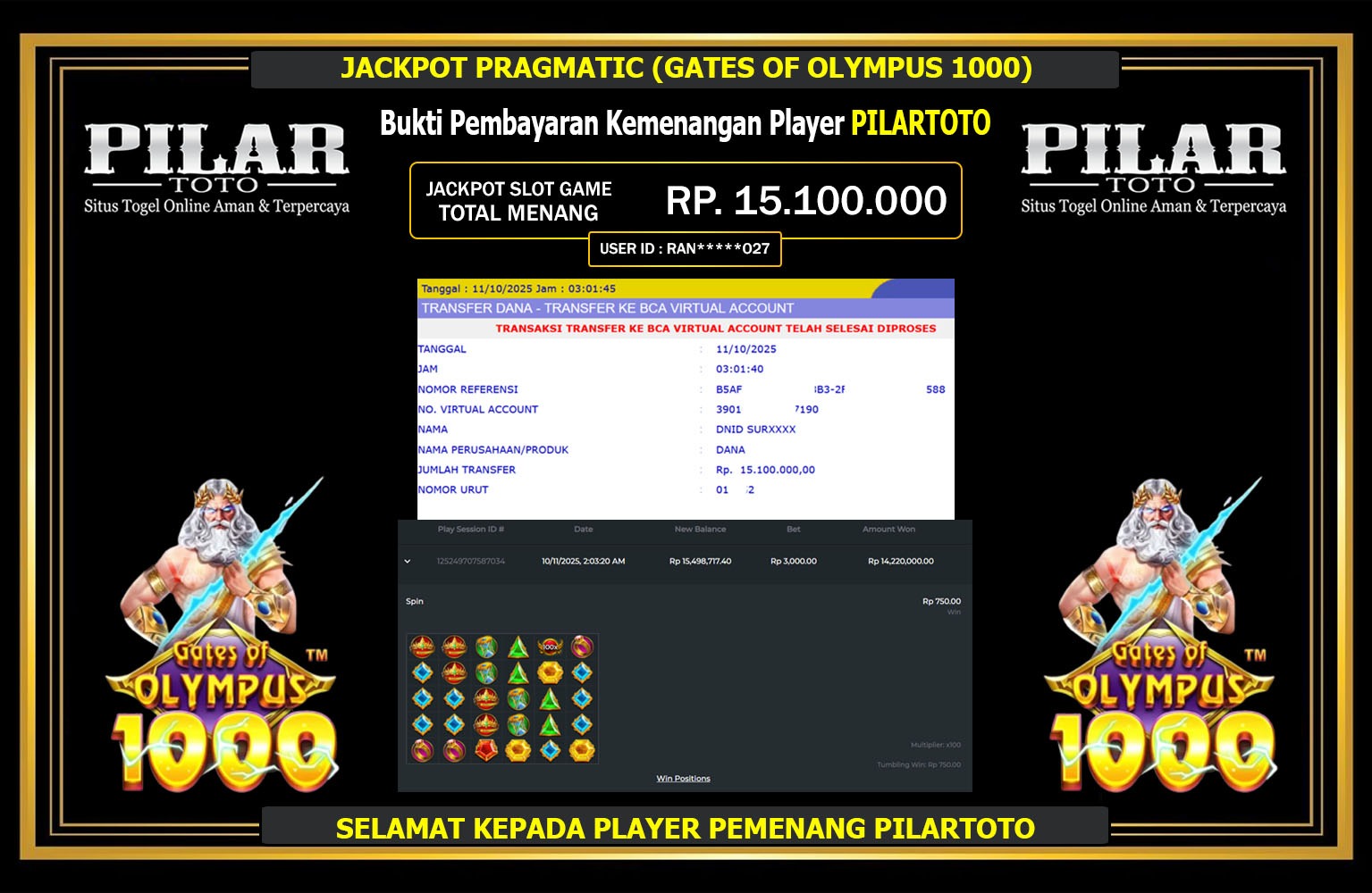 PILARTOTO JACKPOT PRAGMATIC (GATES OF OLYMPUS 1000) Rp.15.100.000,- LUNAS