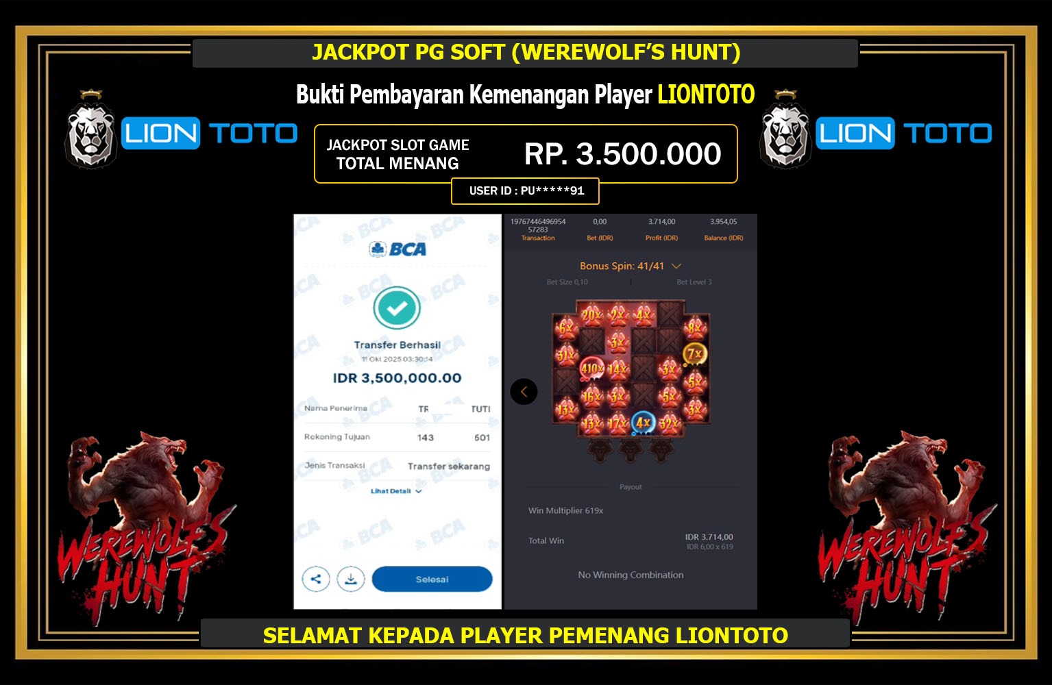 LIONTOTO JACKPOT PG SOFT (WEREWOLF'S HUNT) Rp.3.500.000,- LUNAS