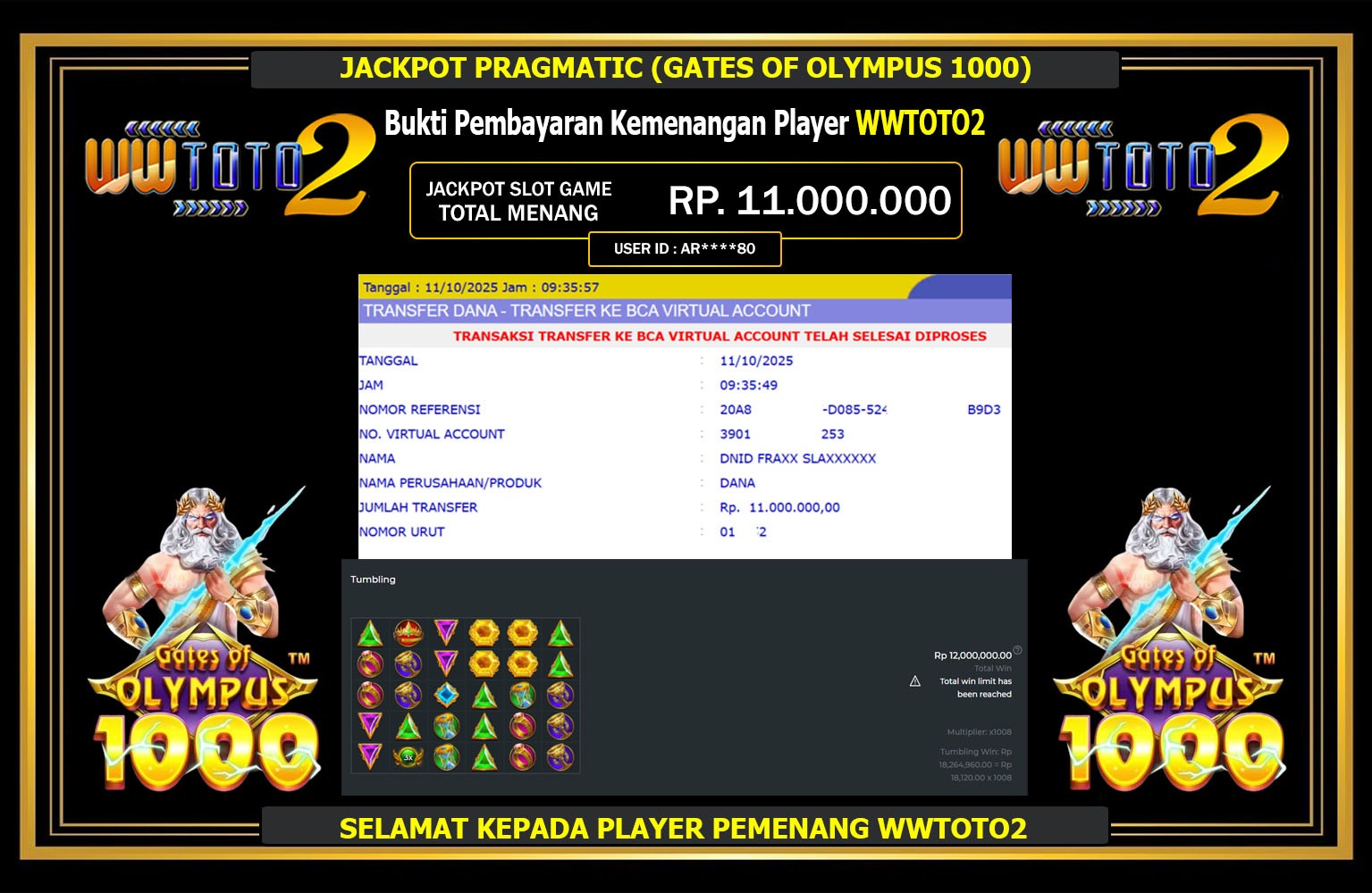 WWTOTO2 JACKPOT PRAGMATIC (GATES OF OLYMPUS 1000) Rp.11.000.000,- LUNAS
