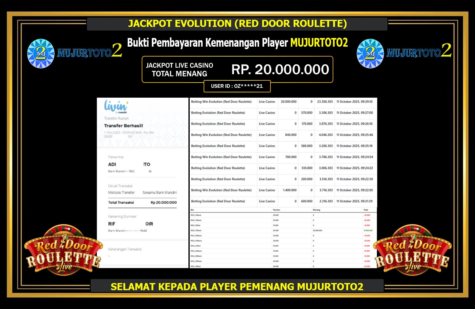MUJURTOTO2 JACKPOT EVOLUTION (RED DOOR ROULETTE) Rp.20.000.000,- LUNAS