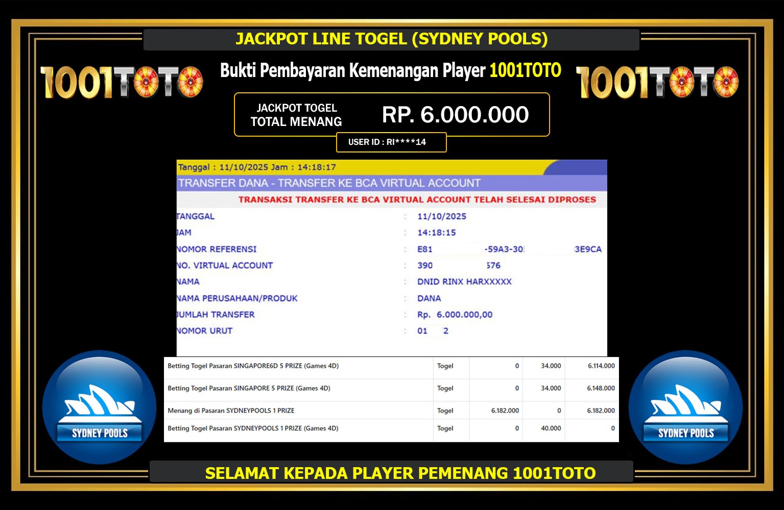 1001TOTO JACKPOT LINE TOGEL (SYDNEY POOLS) Rp.6.000.000,- LUNAS