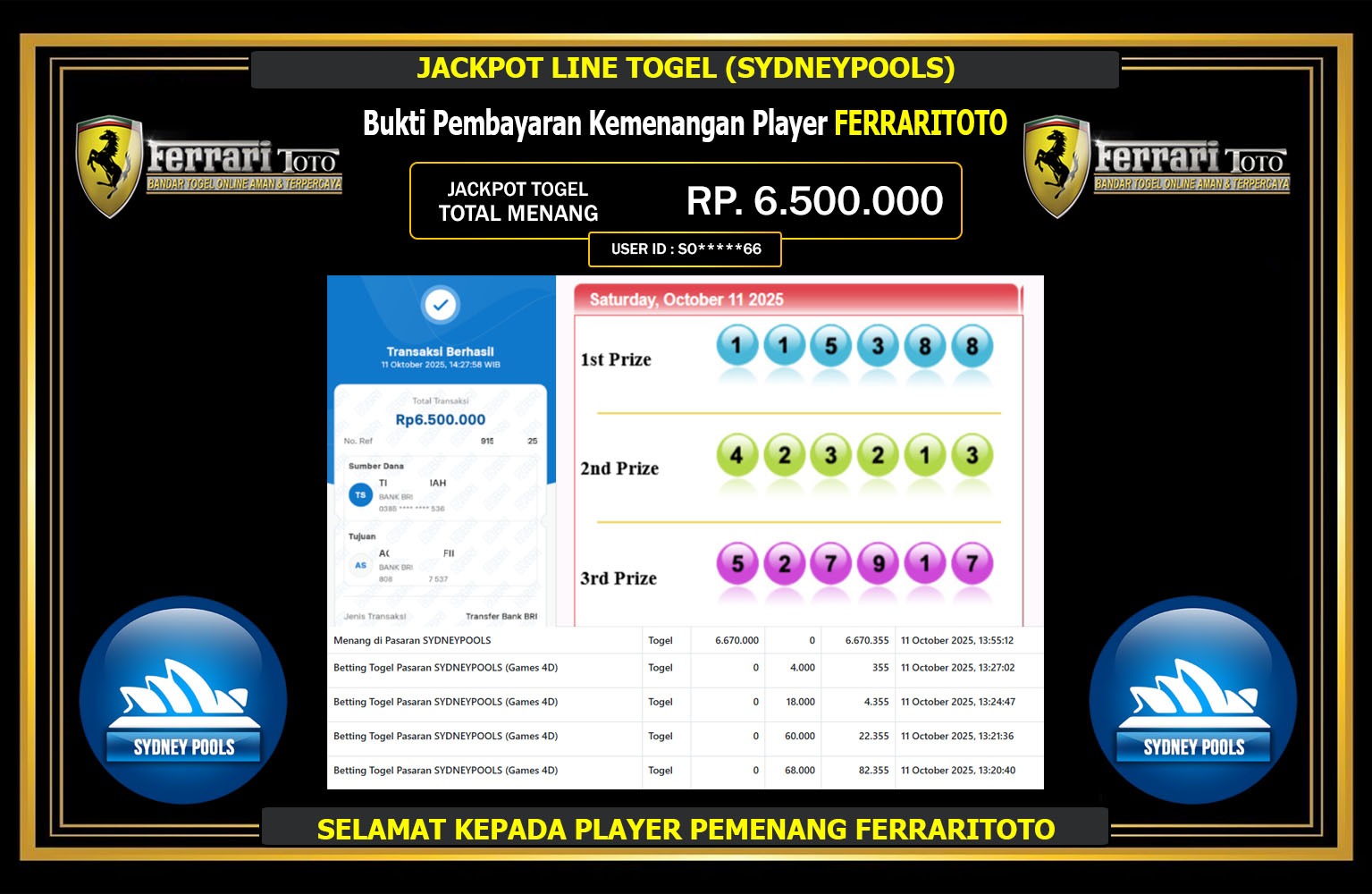 FERRARITOTO JACKPOT LINE TOGEL (SYDNEY POOLS) Rp.6.500.000,- LUNAS
