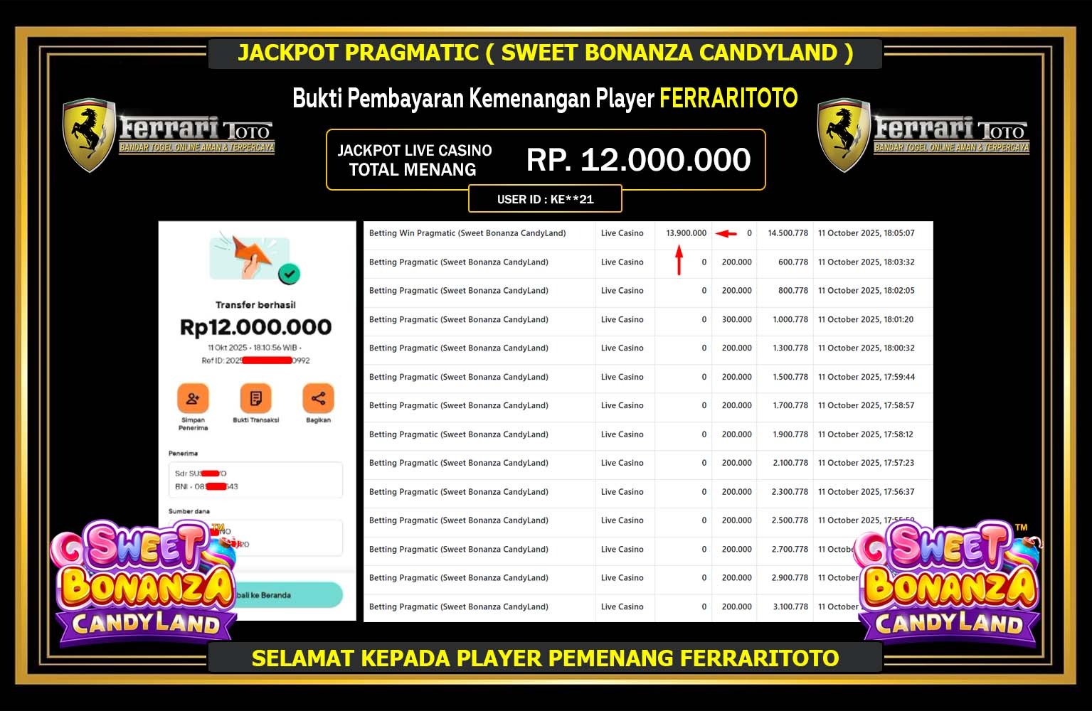 FERRARITOTO JACKPOT PRAGMATIC (SWEET BONANZA CANDYLAND) Rp.12.000.000,- LUNAS