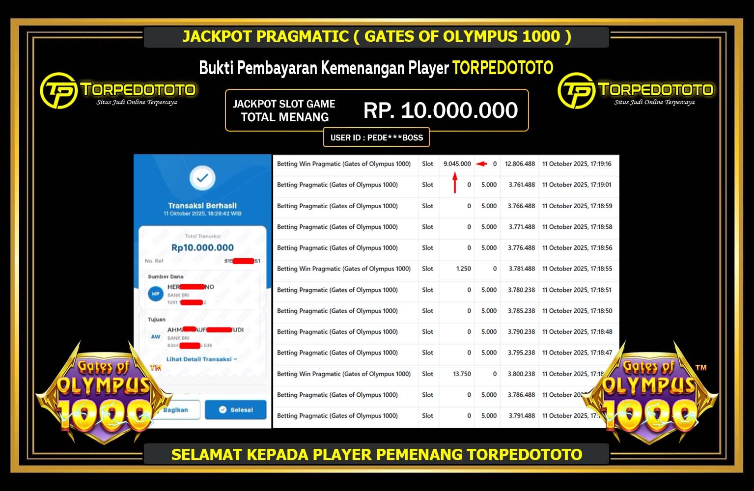 TORPEDOTOTO JACKPOT PRAGMATIC (GATES OF OLYMPUS 1000) Rp.10.000.000,- LUNAS