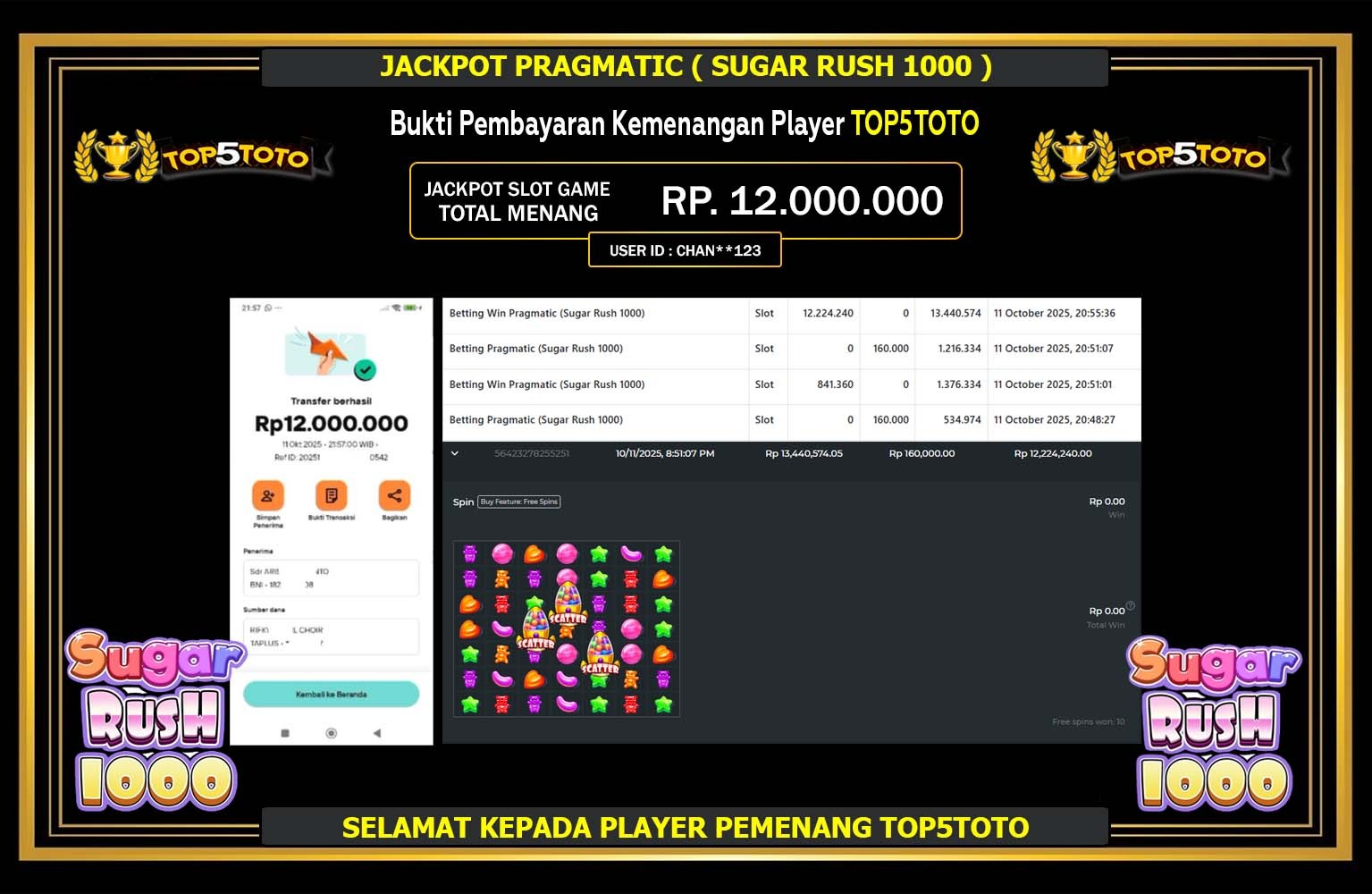 TOP5TOTO JACKPOT PRAGMATIC (SUGAR RUSH 1000) Rp.12.000.000,- LUNAS