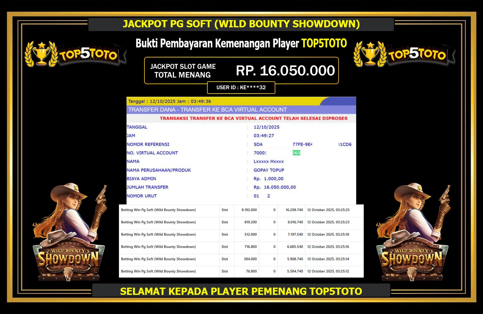 TOP5TOTO JACKPOT PG SOFT (WILD BOUNTY SHOWDOWN) Rp.16.050.000,- LUNAS