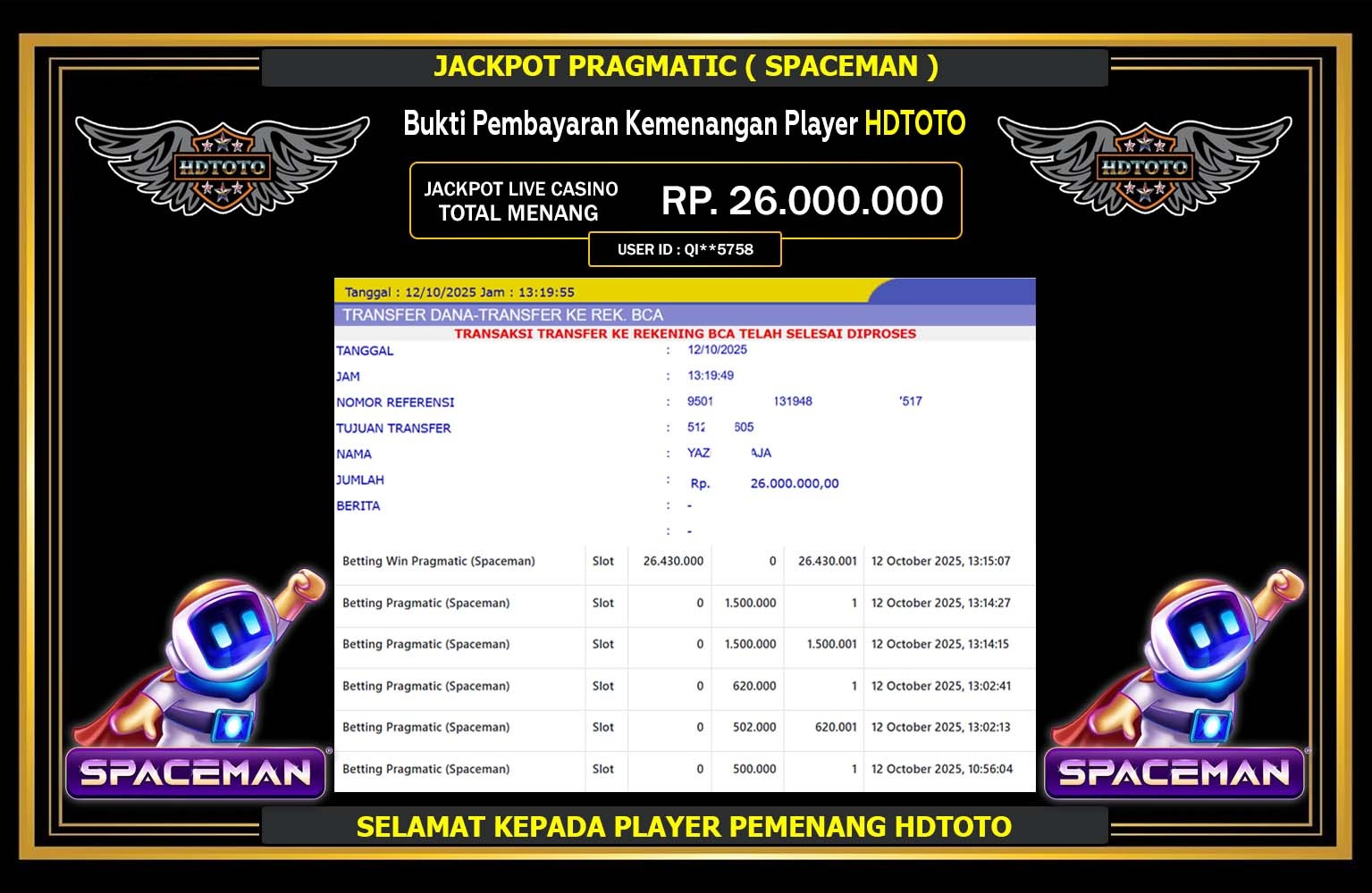 HDTOTO JACKPOT PRAGMATIC (SPACEMAN) Rp.26.000.000,- LUNAS