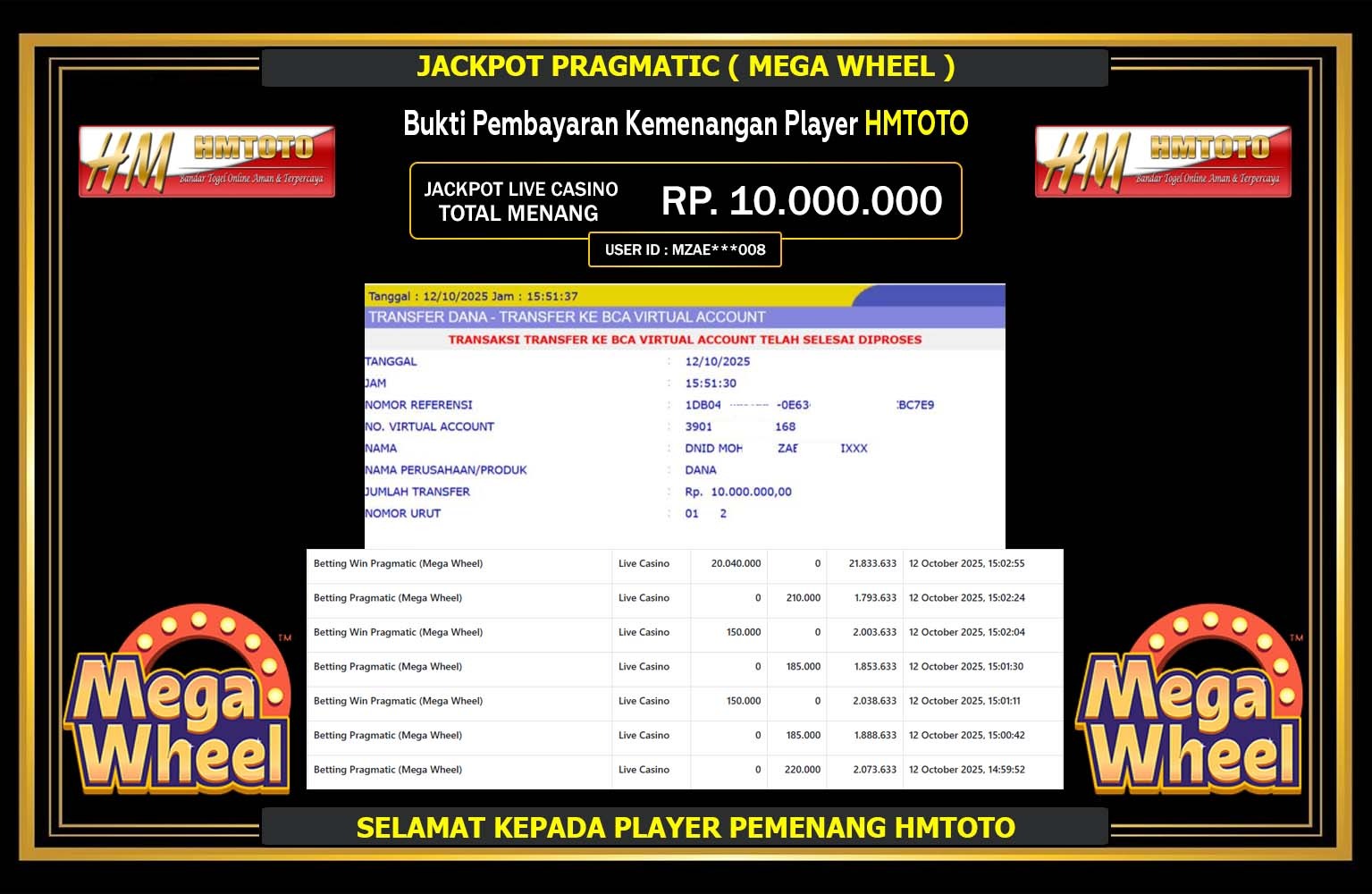 HMTOTO JACKPOT PRAGMATIC (MEGA WHEEL) Rp.10.000.000,- LUNAS