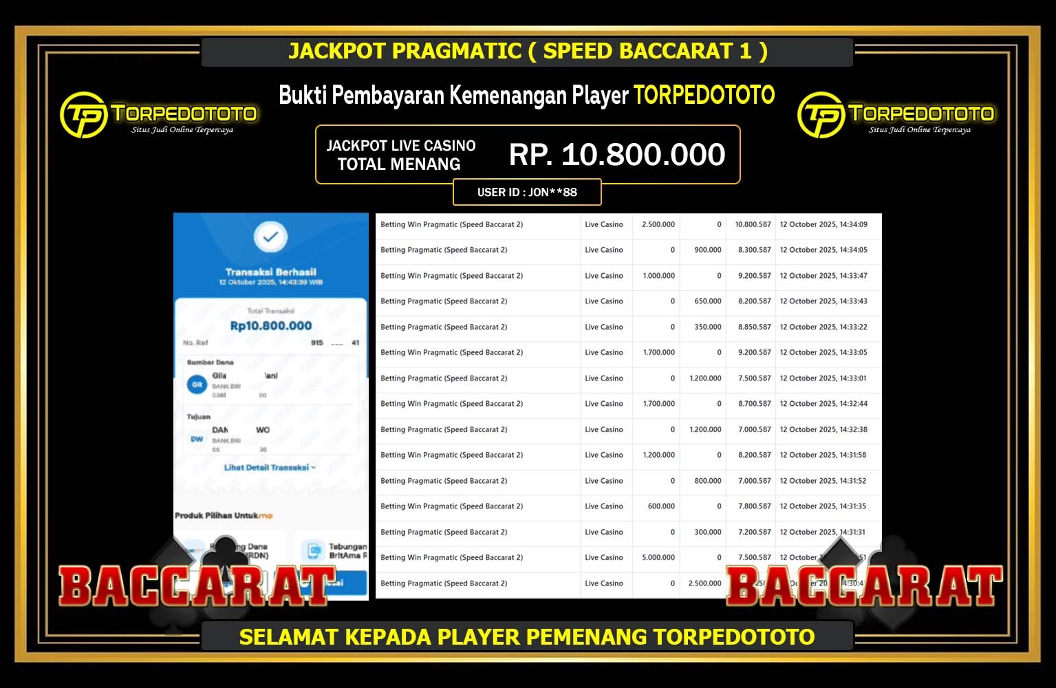 TORPEDOTOTO JACKPOT PRAGMATIC (SPEED BACCARAT 2) Rp.10.800.000,- LUNAS