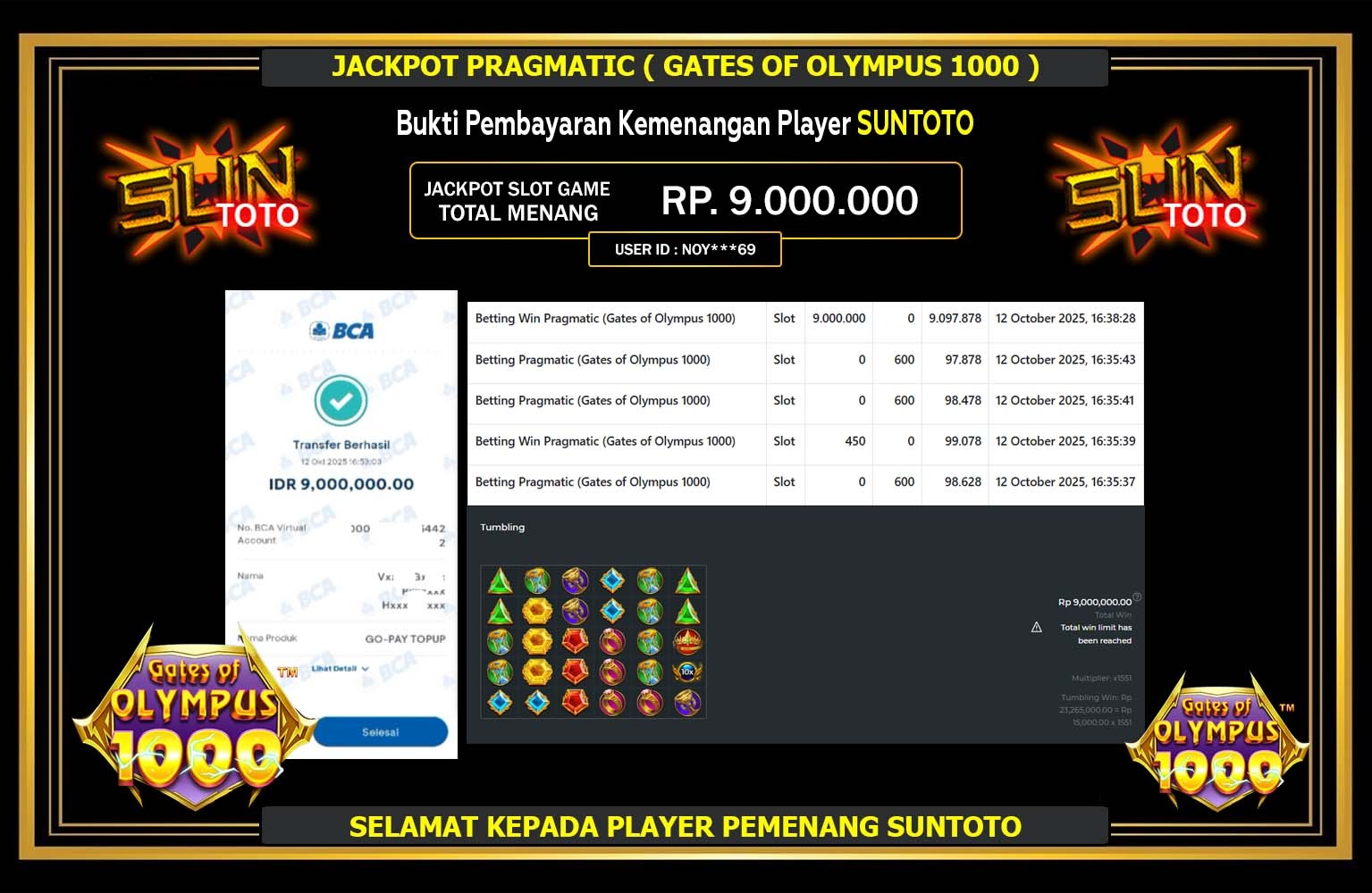 SUNTOTO JACKPOT PRAGMATIC (GATES OF OLYMPUS 1000) Rp.9.000.000,- LUNAS