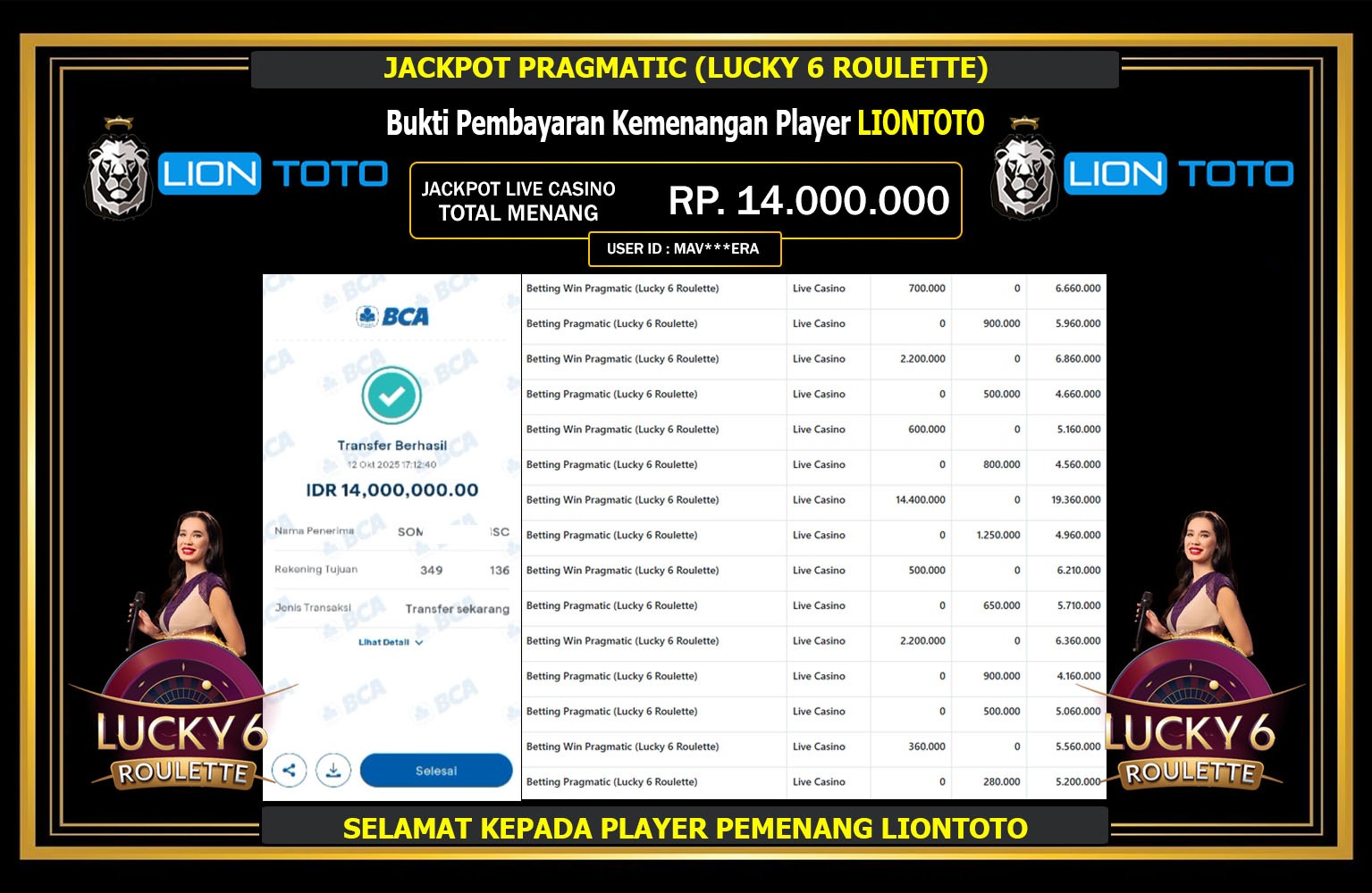 LIONTOTO JACKPOT PRAGMATIC (LUCKY 6 ROULETTE) Rp.14.000.000,- LUNAS