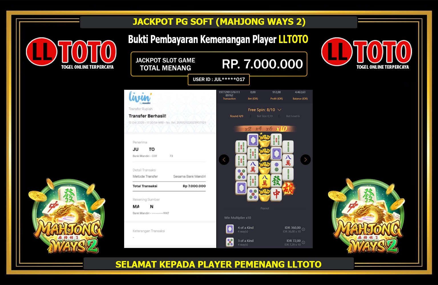 LLTOTO JACKPOT PG SOFT (MAHJONG WAYS 2) Rp.7.000.000,- LUNAS