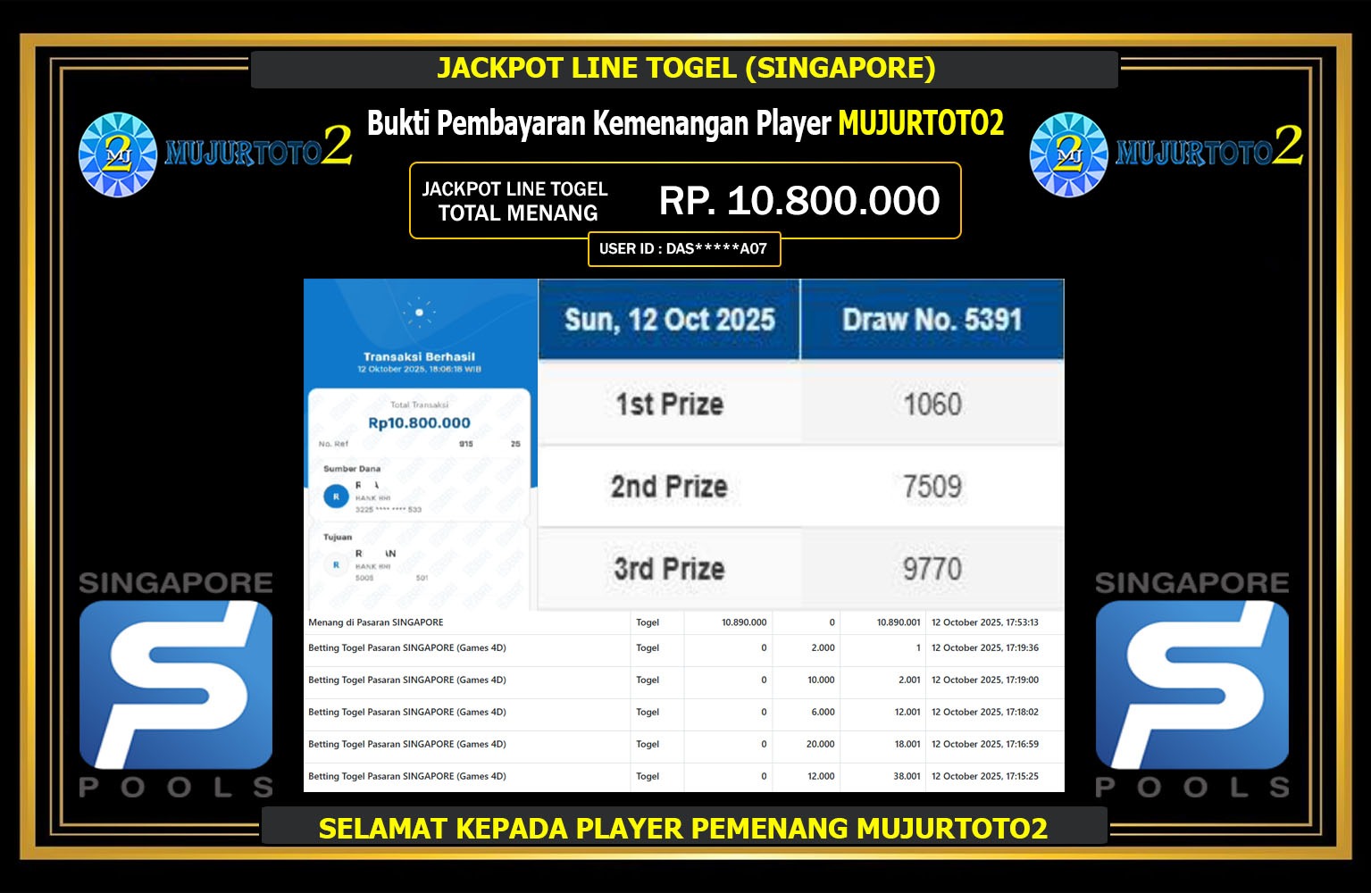 MUJURTOTO2 JACKPOT LINE TOGEL (SINGAPORE POOLS) Rp.10.800.000,- LUNAS