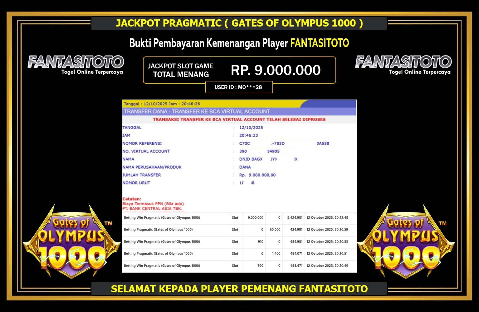 FANTASITOTO JACKPOT PRAGMATIC (GATES OF OLYMPUS 1000) Rp.9.000.000,- LUNAS