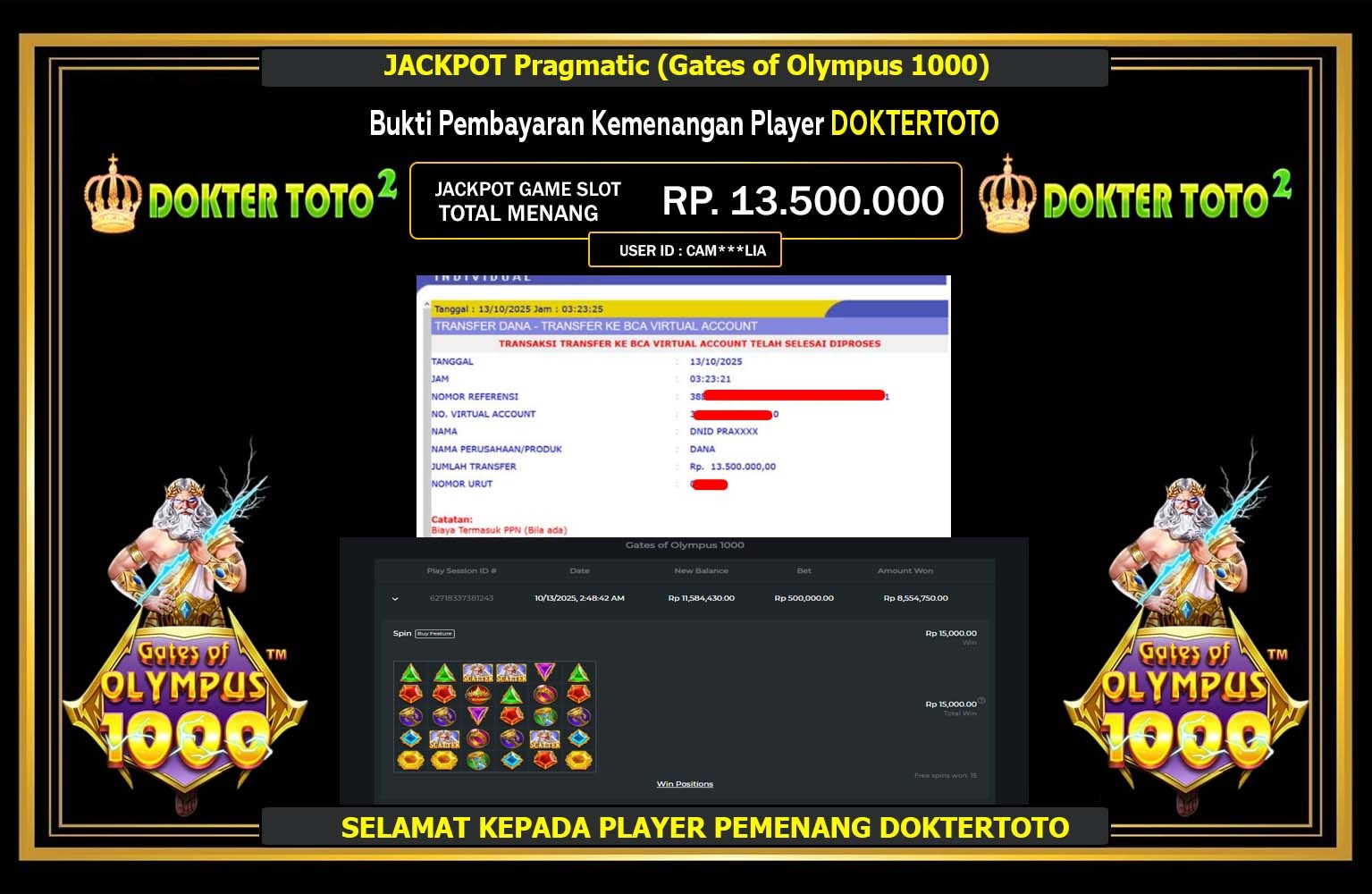 DOKTERTOTO2 JACKPOT Pragmatic (Gates of Olympus 1000) Rp.13.500.000,- LUNAS