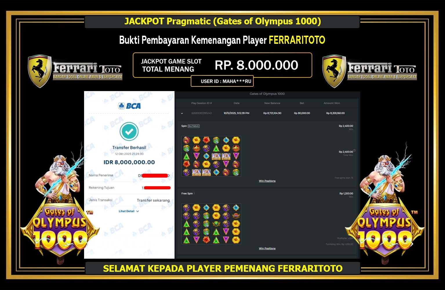 FERRARITOTO JACKPOT Pragmatic (Gates of Olympus 1000) Rp.8.000.000,- LUNAS