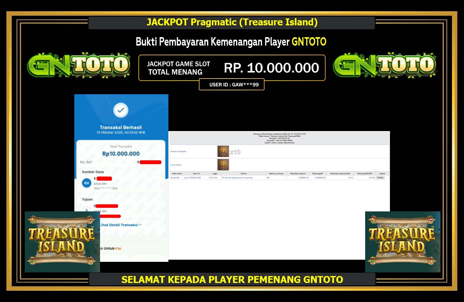 GNTOTO JACKPOT Pragmatic (Treasure Island) Rp.10.000.000,- LUNAS