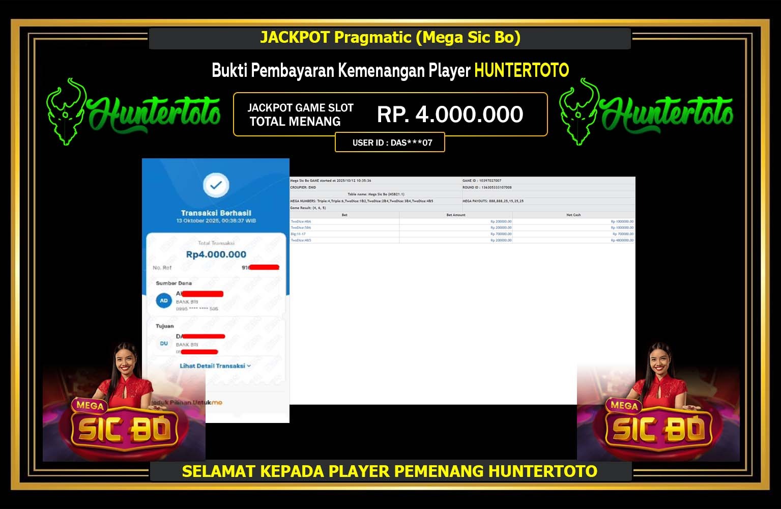 HUNTERTOTO JACKPOT PRAGMATIC (MEGA SIC BO) Rp.4.000.000,- LUNAS