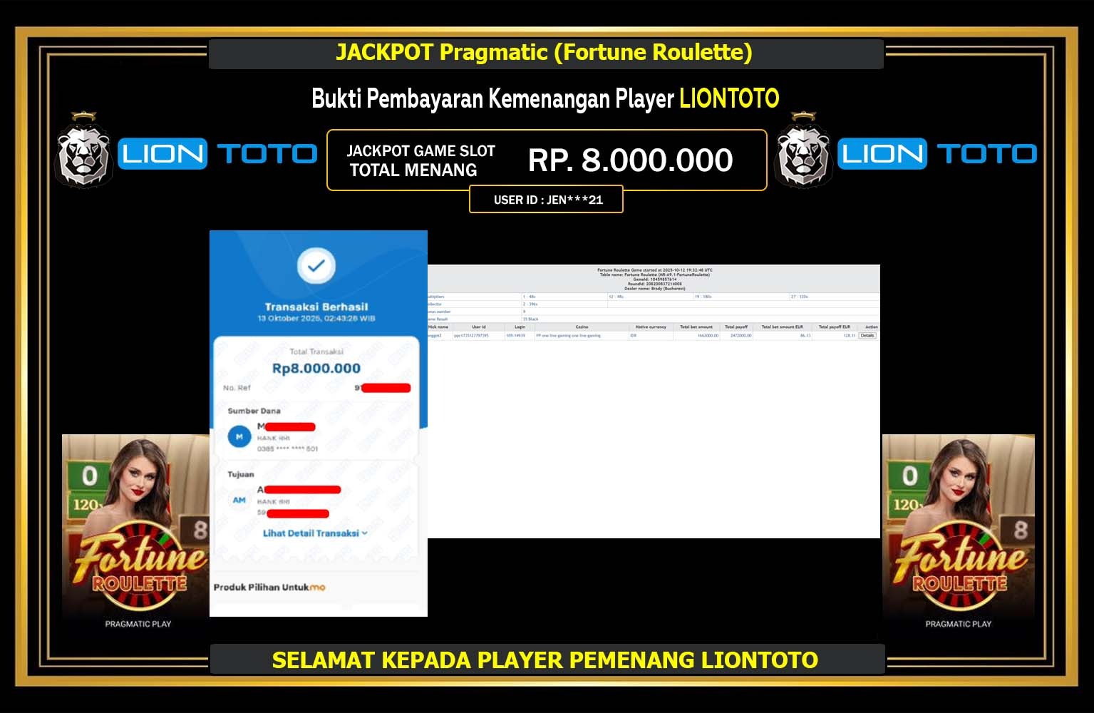 LIONTOTO JACKPOT Pragmatic (Fortune Roulette) Rp.8.000.000,- LUNAS