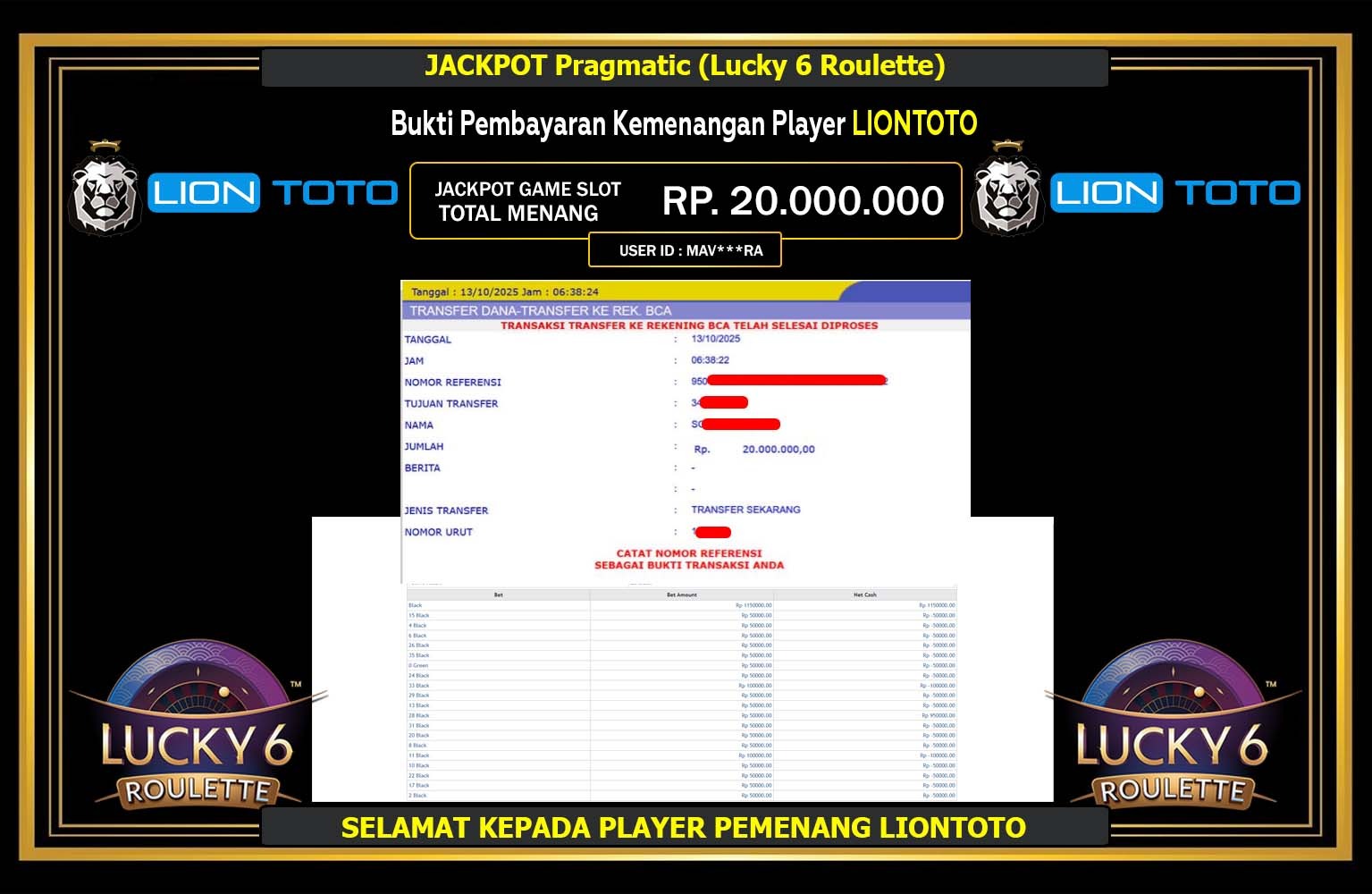 LIONTOTO JACKPOT PRAGMATIC (LUCKY 6 ROULETTE) Rp.20.000.000,- LUNAS