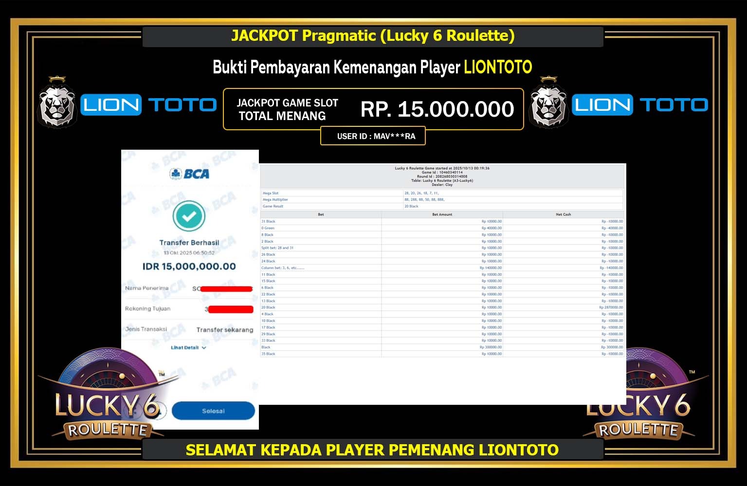 LIONTOTO JACKPOT PRAGMATIC (LUCKY 6 ROULETTE) Rp.15.000.000,- LUNAS