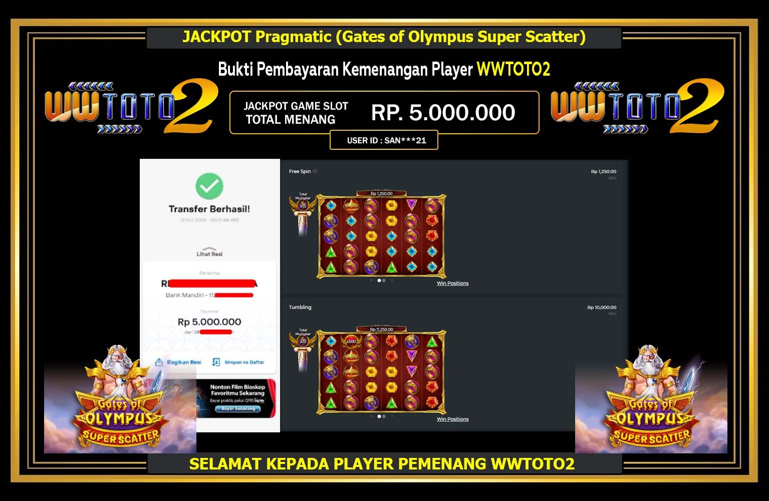 WWTOTO2 JACKPOT Pragmatic (Gates of Olympus Super Scatter) Rp.5.000.000,- LUNAS