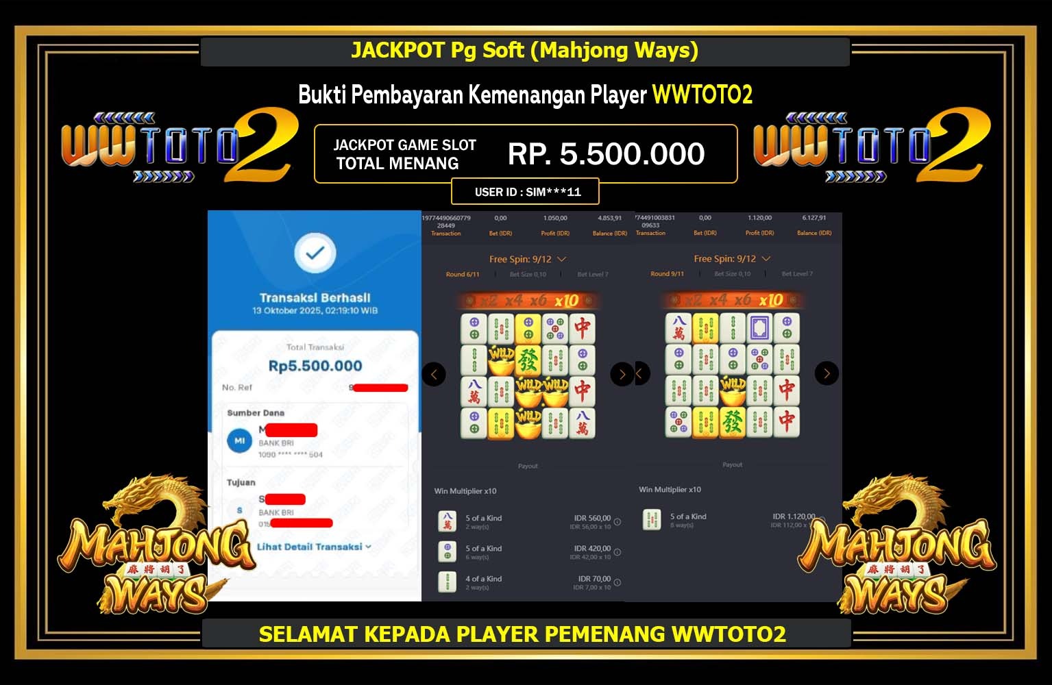 WWTOTO2 JACKPOT Pg Soft (Mahjong Ways) Rp.5.500.000,- LUNAS