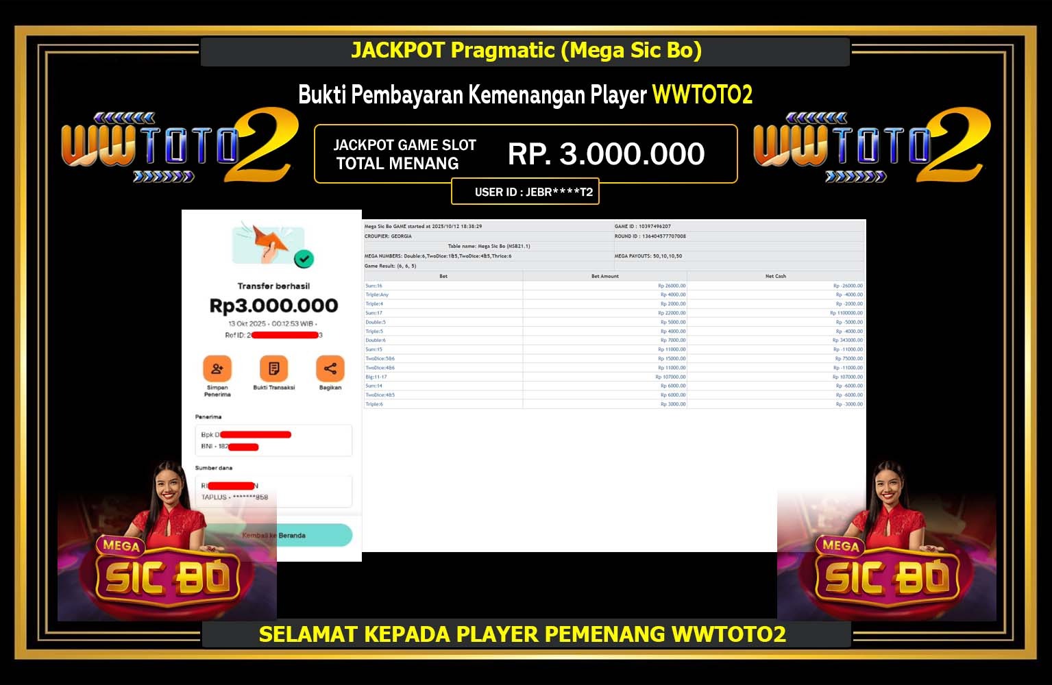 WWTOTO2 JACKPOT Pragmatic (Mega Sic Bo) Rp.3.000.000,- LUNAS