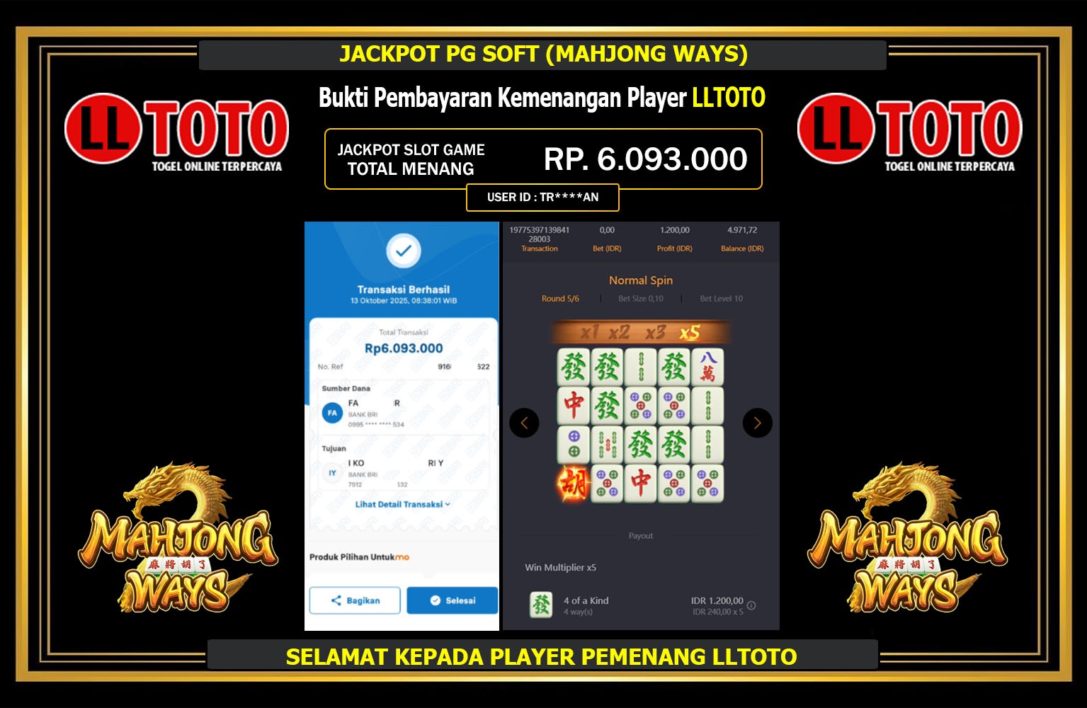 LLTOTO JACKPOT PG SOFT (MAHJONG WAYS) Rp.6.093.000,- LUNAS