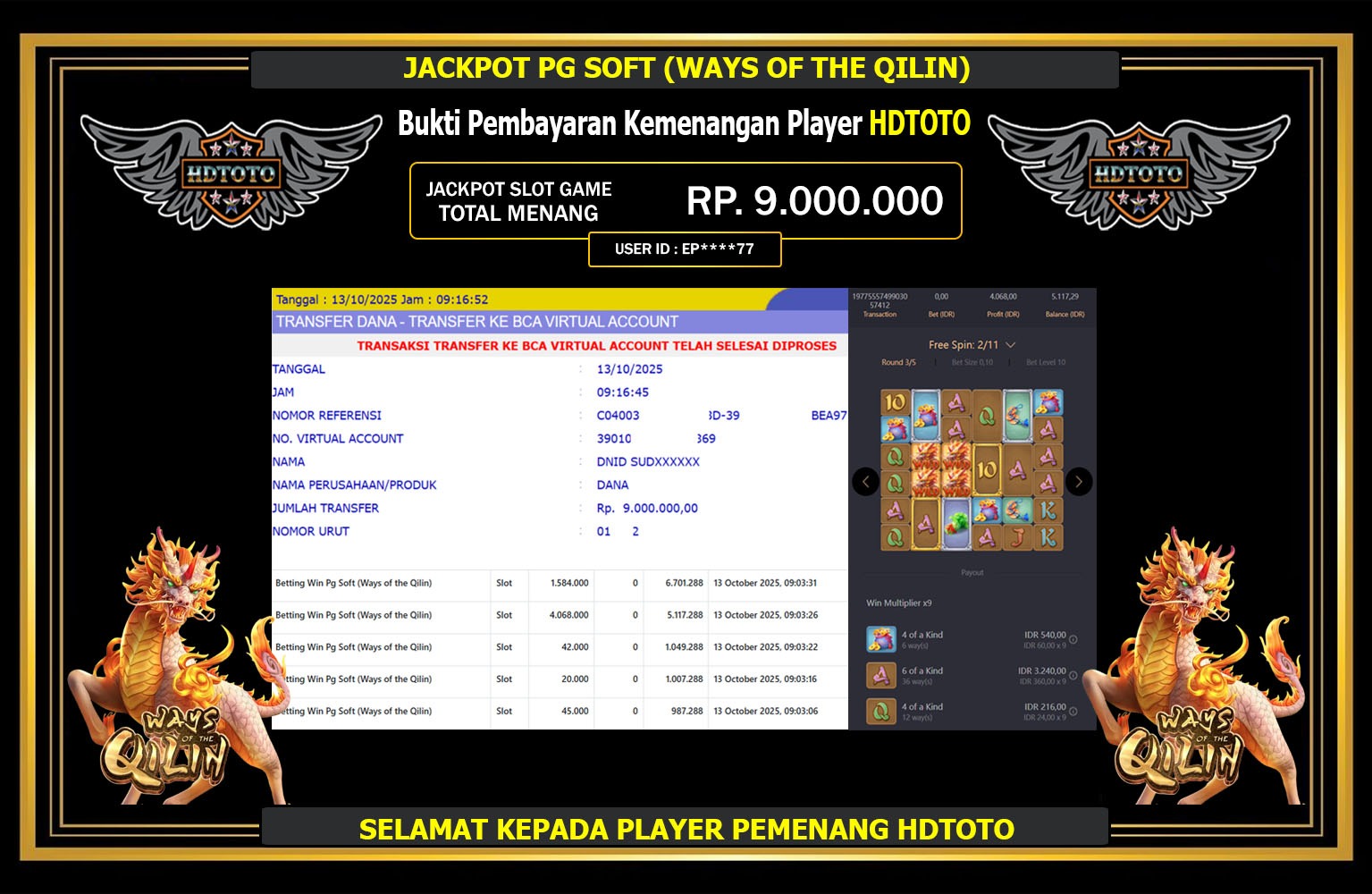 HDTOTO JACKPOT PG SOFT (WAYS OF THE QILIN) Rp.9.000.000,- LUNAS